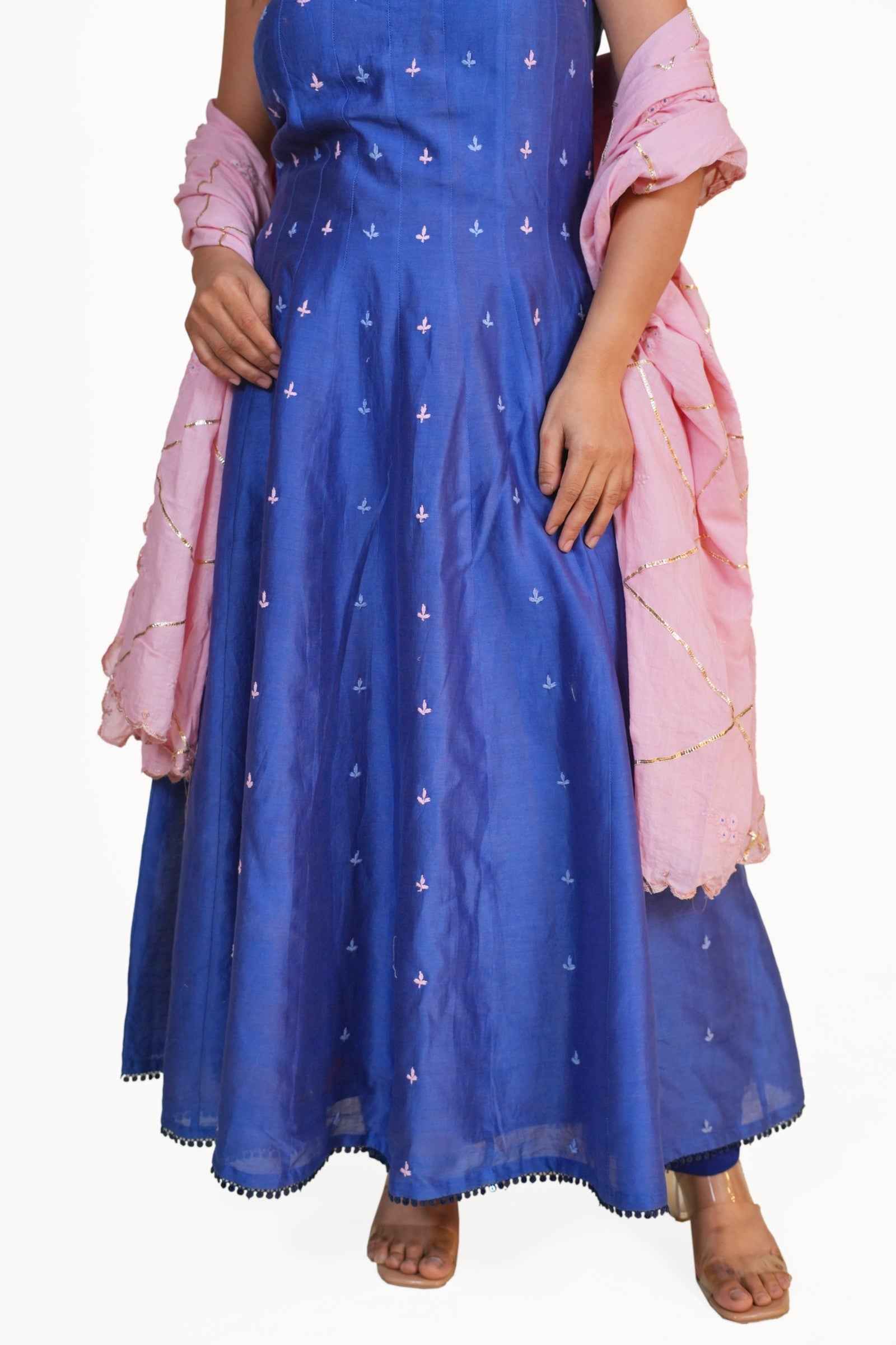 Maya Blue Mul Chanderi Anarkali Set with Pink Dupatta and Chikankari-Zardozi Embroidery