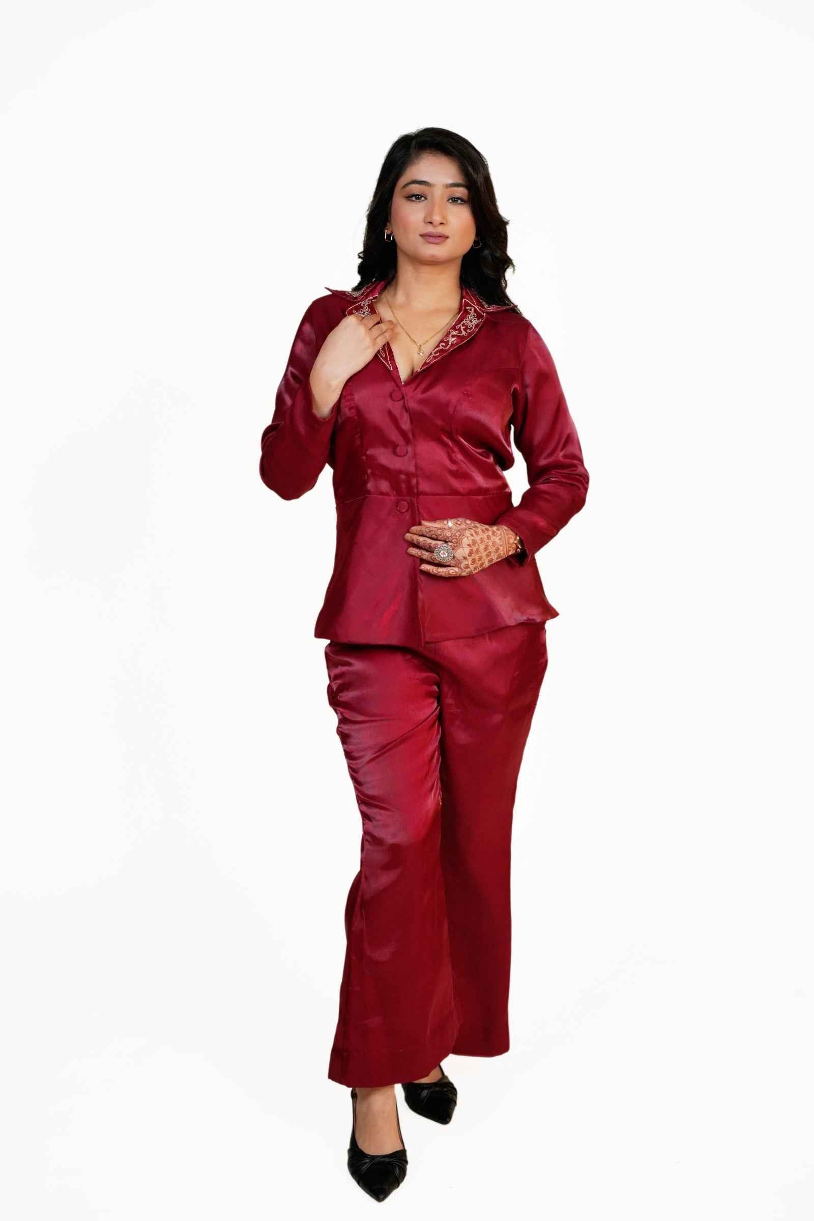 Inayat- Maroon Coat-Style Top with Bell-Bottom Pants and hand embroidery Collar Detailing