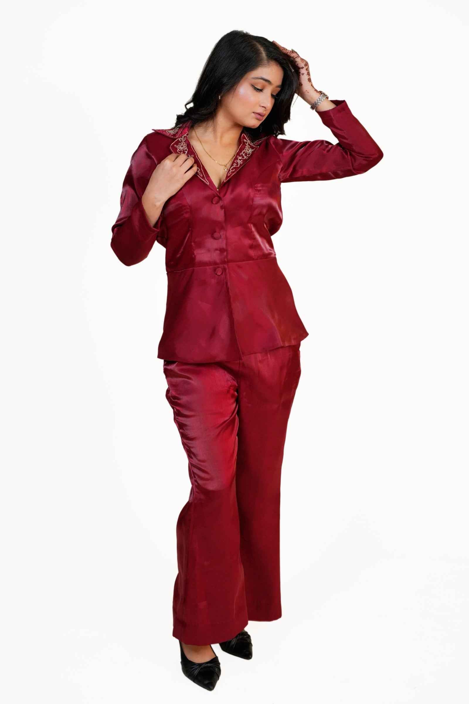 Inayat- Maroon Coat-Style Top with Bell-Bottom Pants and hand embroidery Collar Detailing