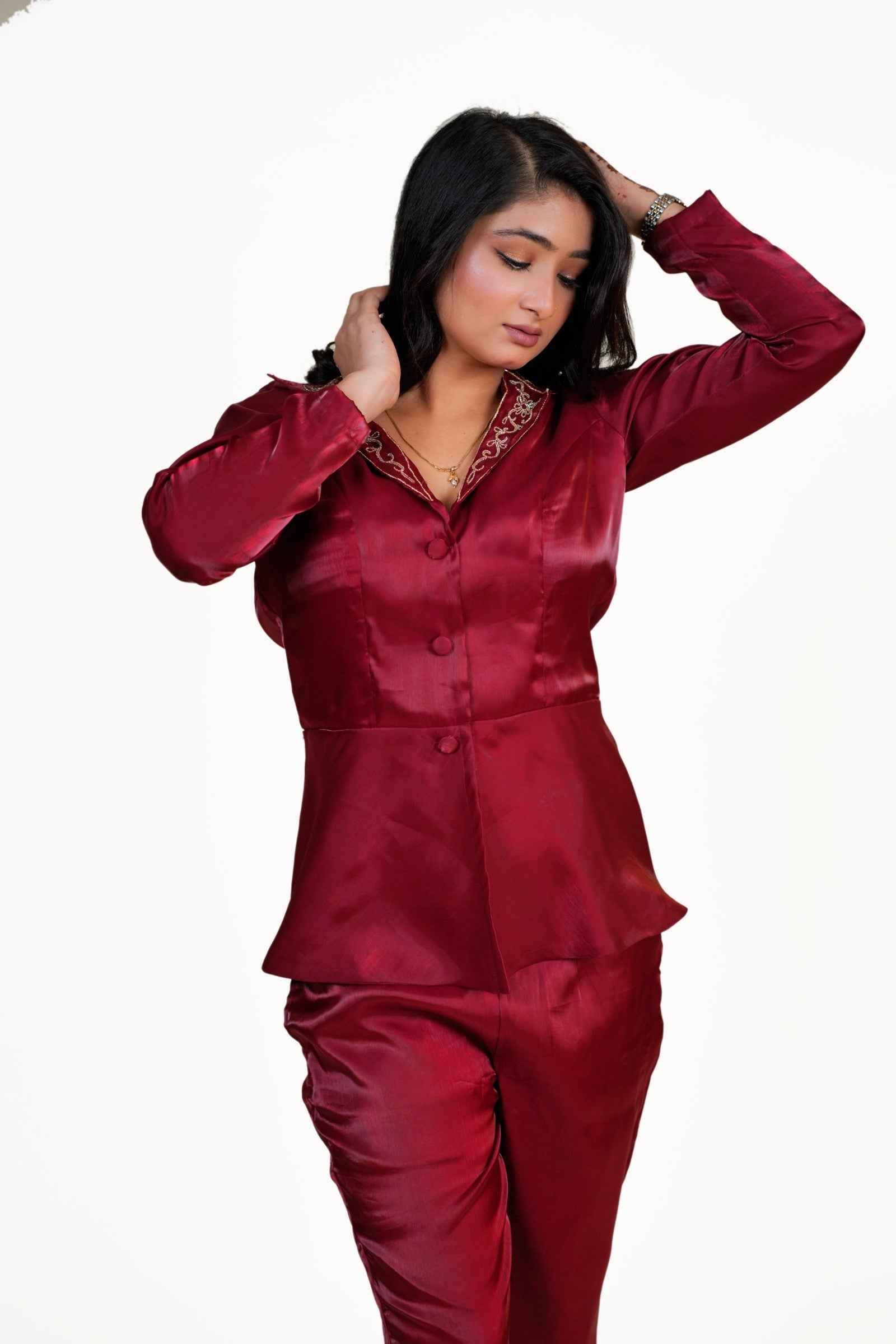 Inayat- Maroon Coat-Style Top with Bell-Bottom Pants and hand embroidery Collar Detailing