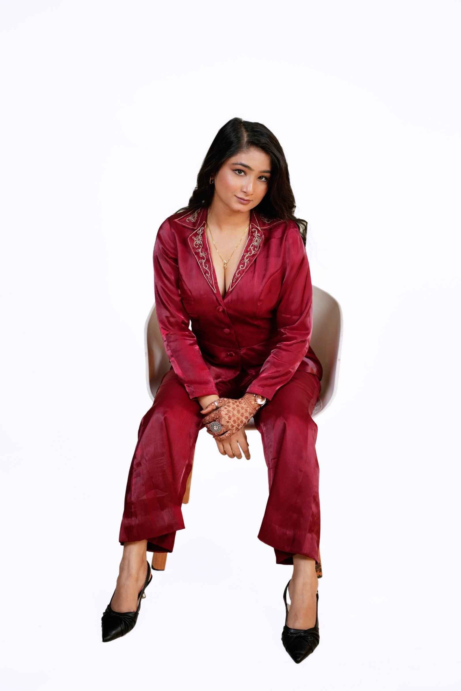 Inayat- Maroon Coat-Style Top with Bell-Bottom Pants and hand embroidery Collar Detailing