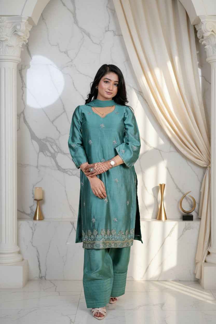 Ziya- Classic Green Silk Threadwork Suit Set
