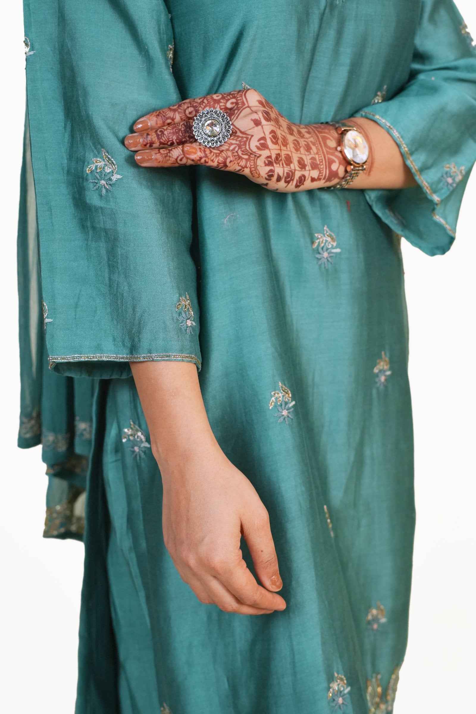 Ziya- Classic Green Silk Threadwork Suit Set