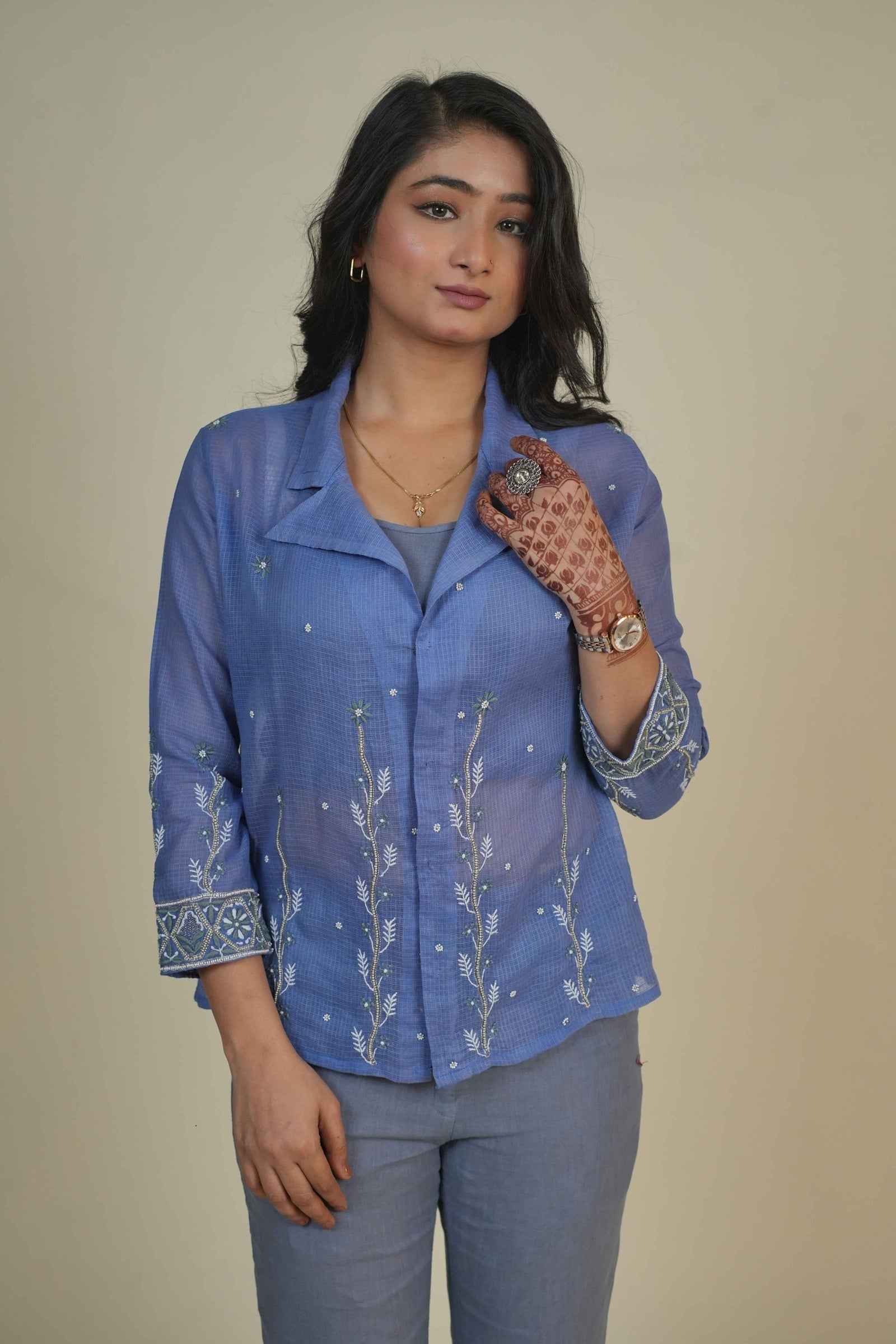 Sanvi - Blue Shirt with Handcrafted Chikankari and Zardozi Embellishments.