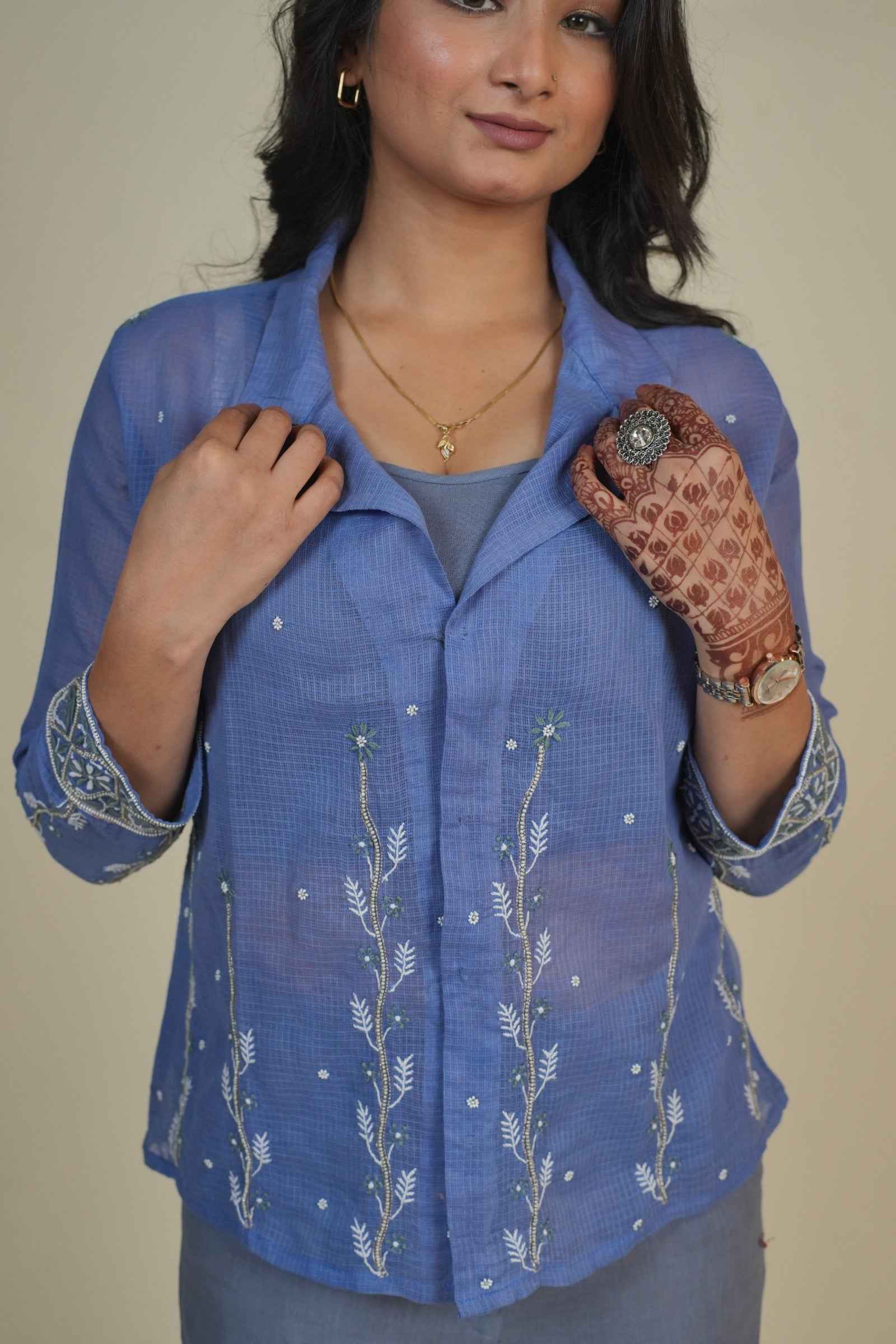 Sanvi - Blue Shirt with Handcrafted Chikankari and Zardozi Embellishments.
