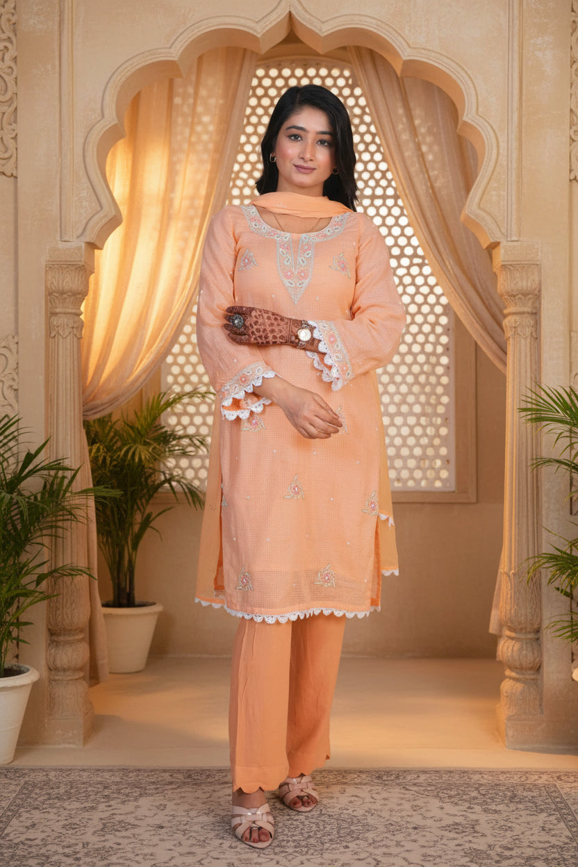 Duaa - Peach Kurta Dupatta Set with Chikankari and Zardozi Embroidery in Kota Cotton and Chiffon