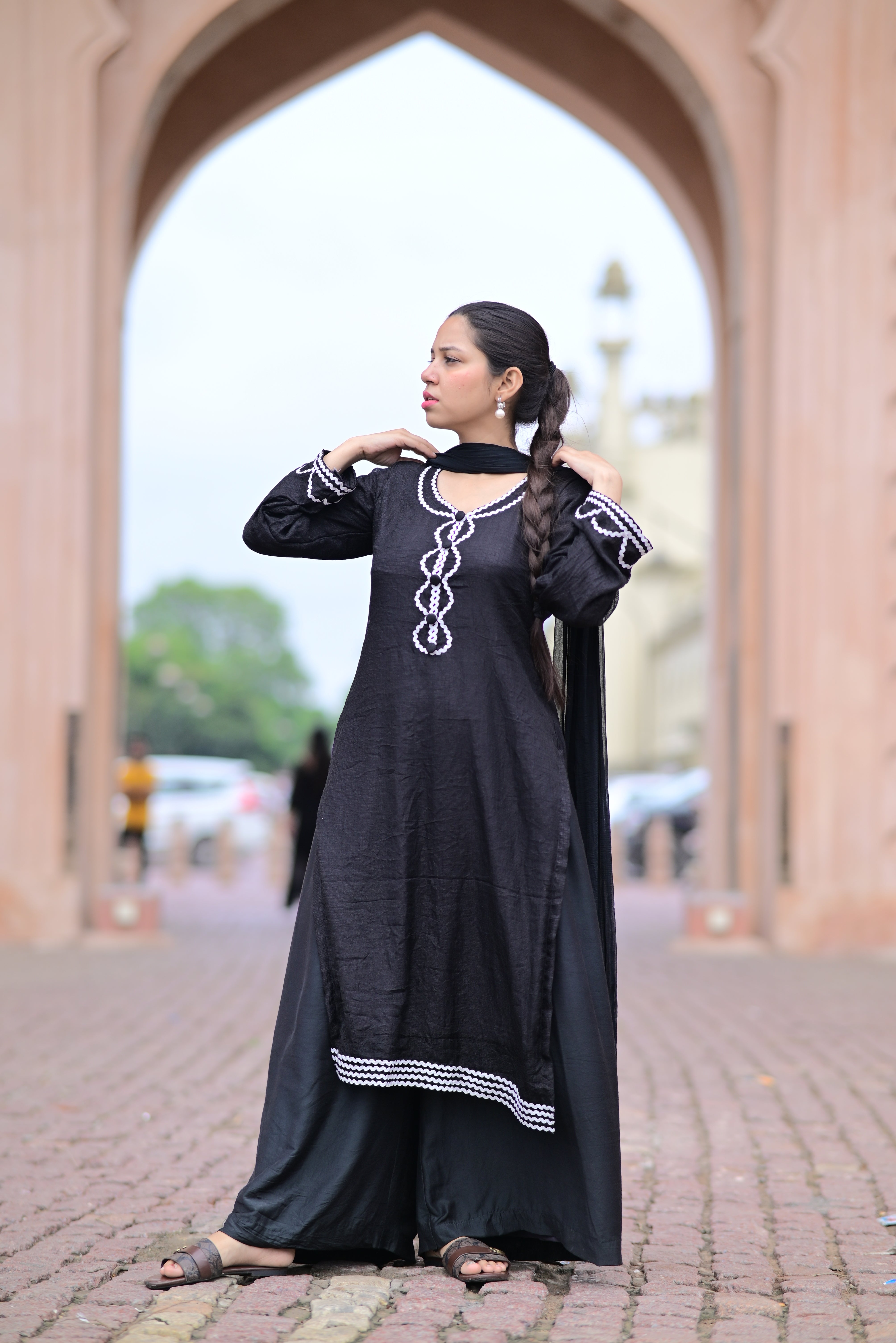 Nawaabiyat Black Kurta Palazzo Set with Dupatta | Elegant Lace Detail Ethnic Suit for Women