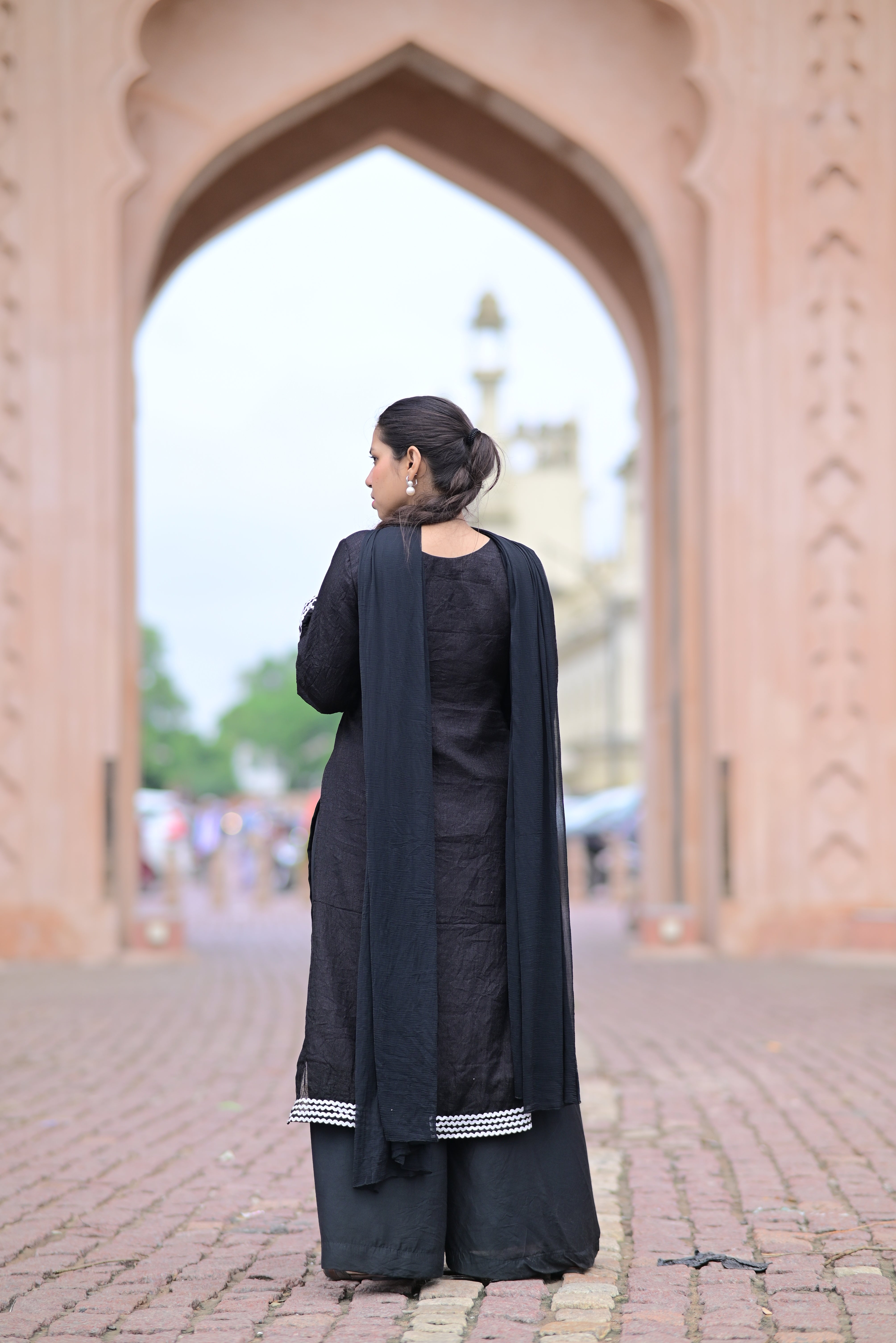Nawaabiyat Black Kurta Palazzo Set with Dupatta | Elegant Lace Detail Ethnic Suit for Women