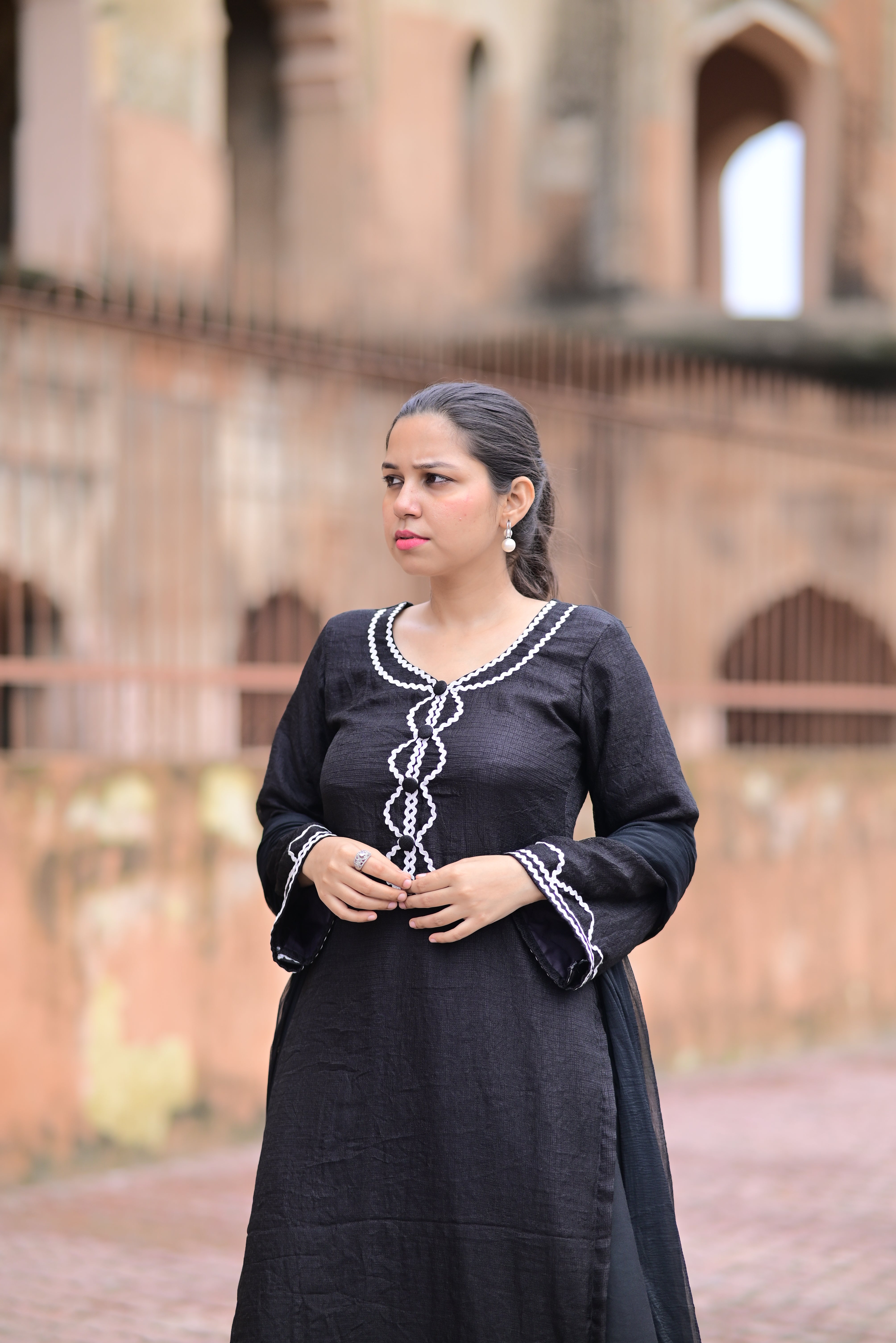 Nawaabiyat Black Kurta Palazzo Set with Dupatta | Elegant Lace Detail Ethnic Suit for Women