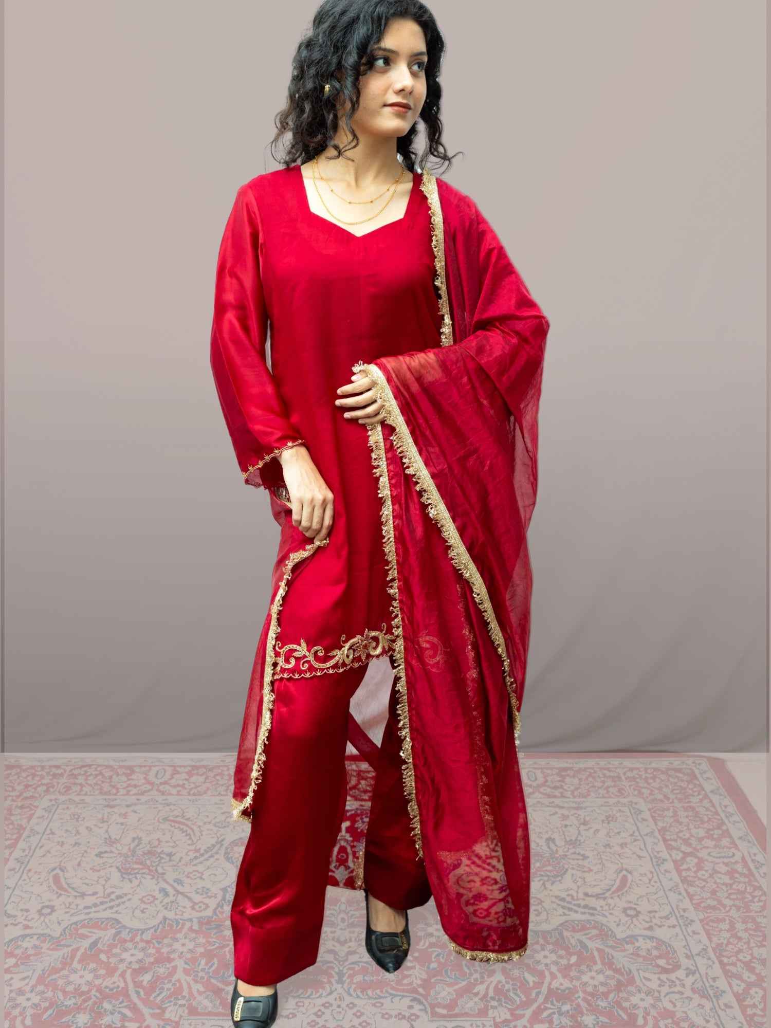 Maroon Handcrafted Zardozi Farshi Suit Set with Organza Dupatta