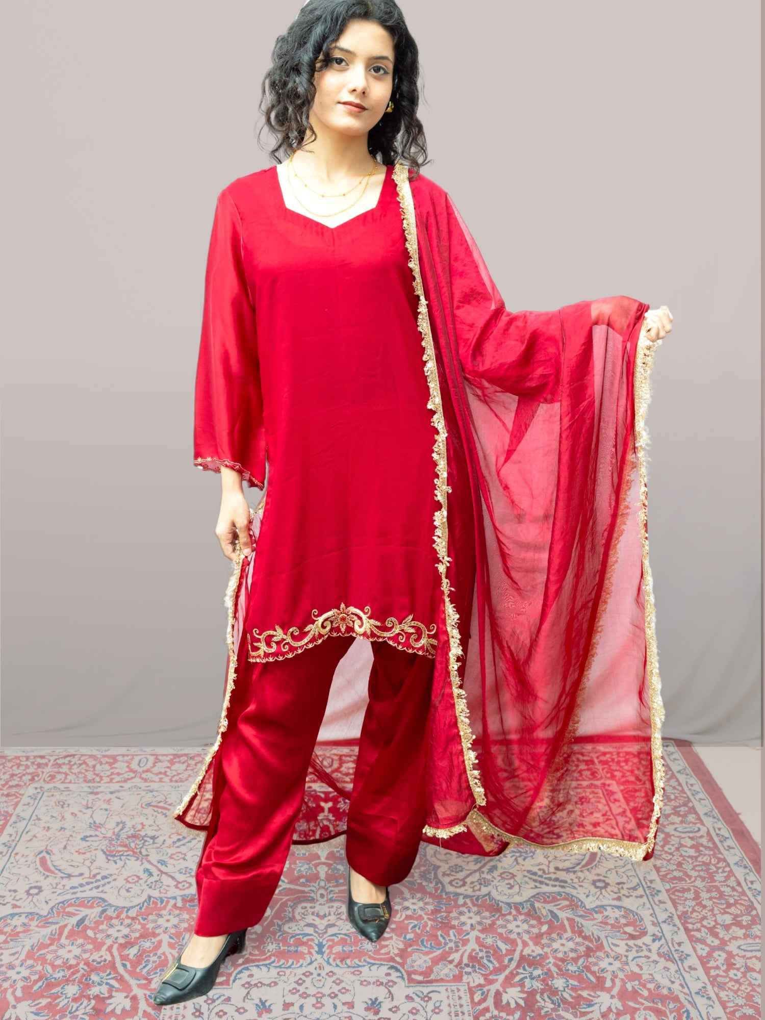 Maroon Handcrafted Zardozi Farshi Suit Set with Organza Dupatta