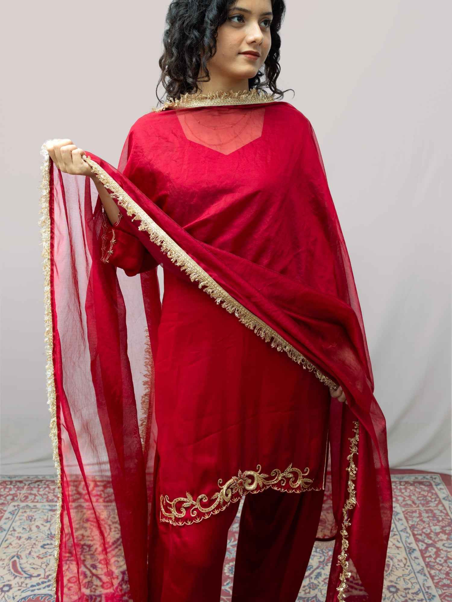Maroon Handcrafted Zardozi Farshi Suit Set with Organza Dupatta