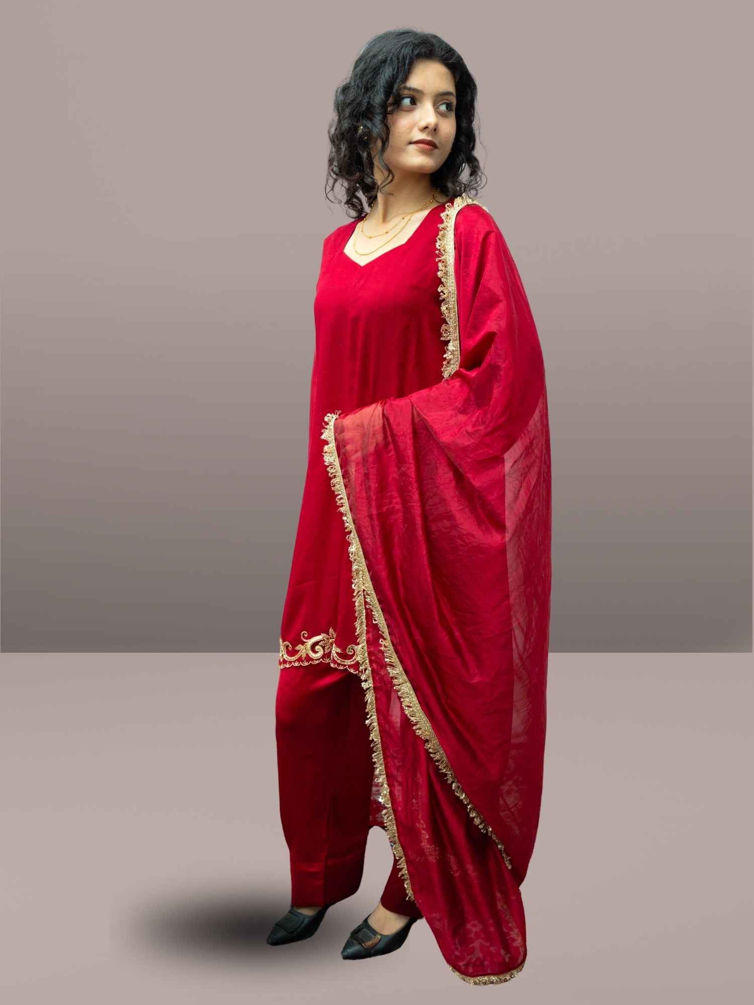 Maroon Handcrafted Zardozi Farshi Suit Set with Organza Dupatta