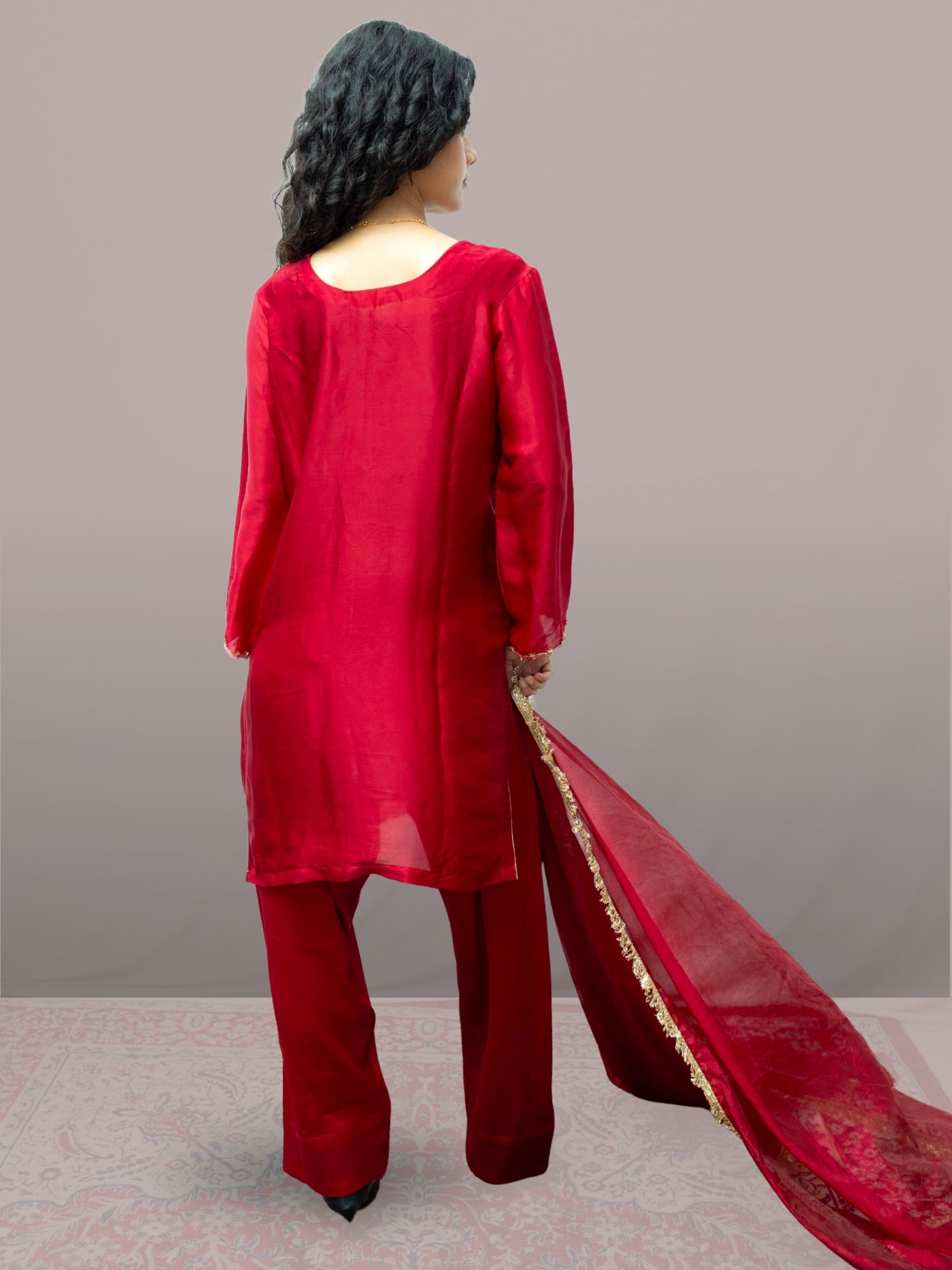 Maroon Handcrafted Zardozi Farshi Suit Set with Organza Dupatta