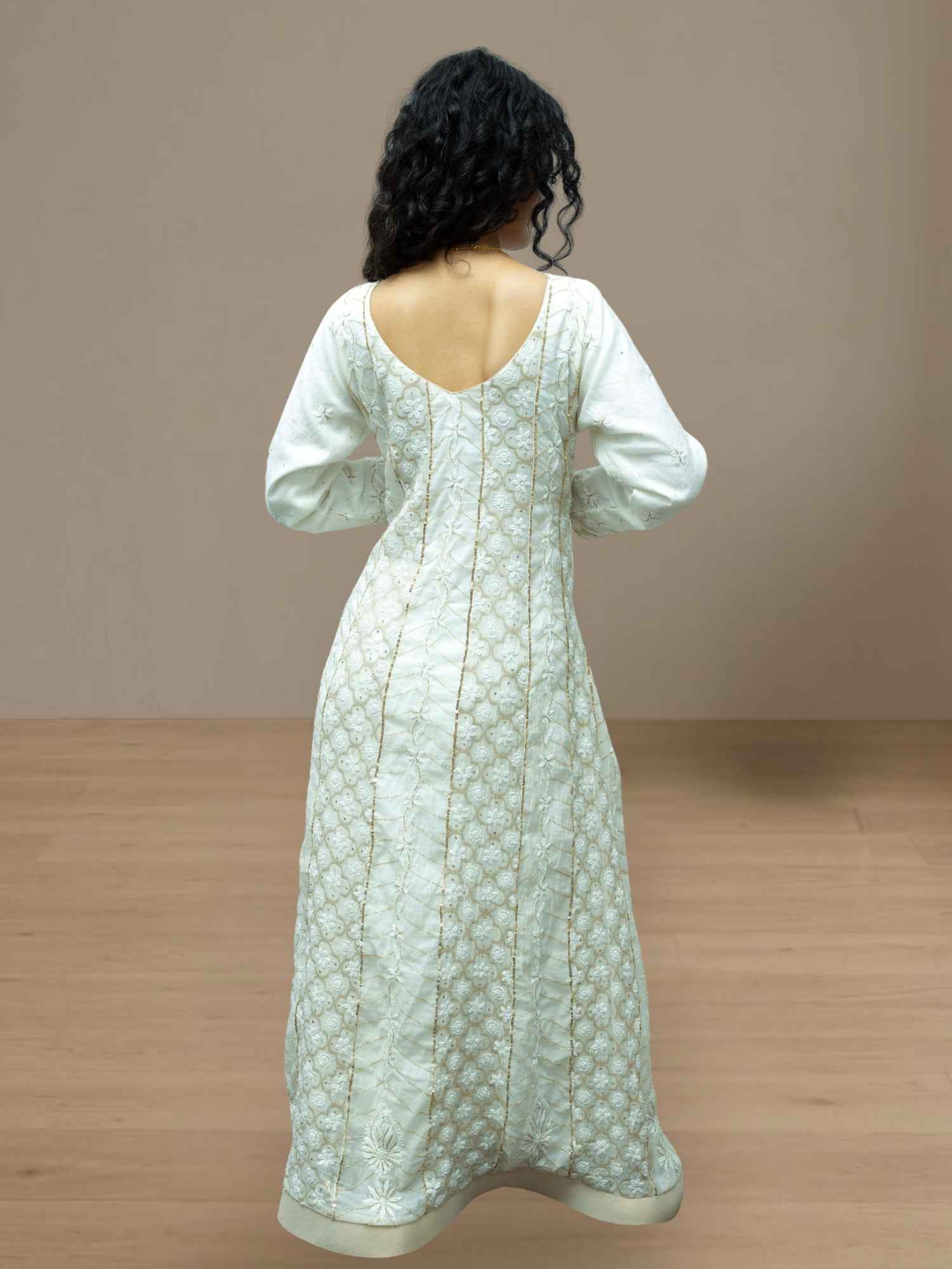 Luxury White Banarasi Mul Chanderi Anarkali Set with Handcrafted Chikankari & Zardozi Work