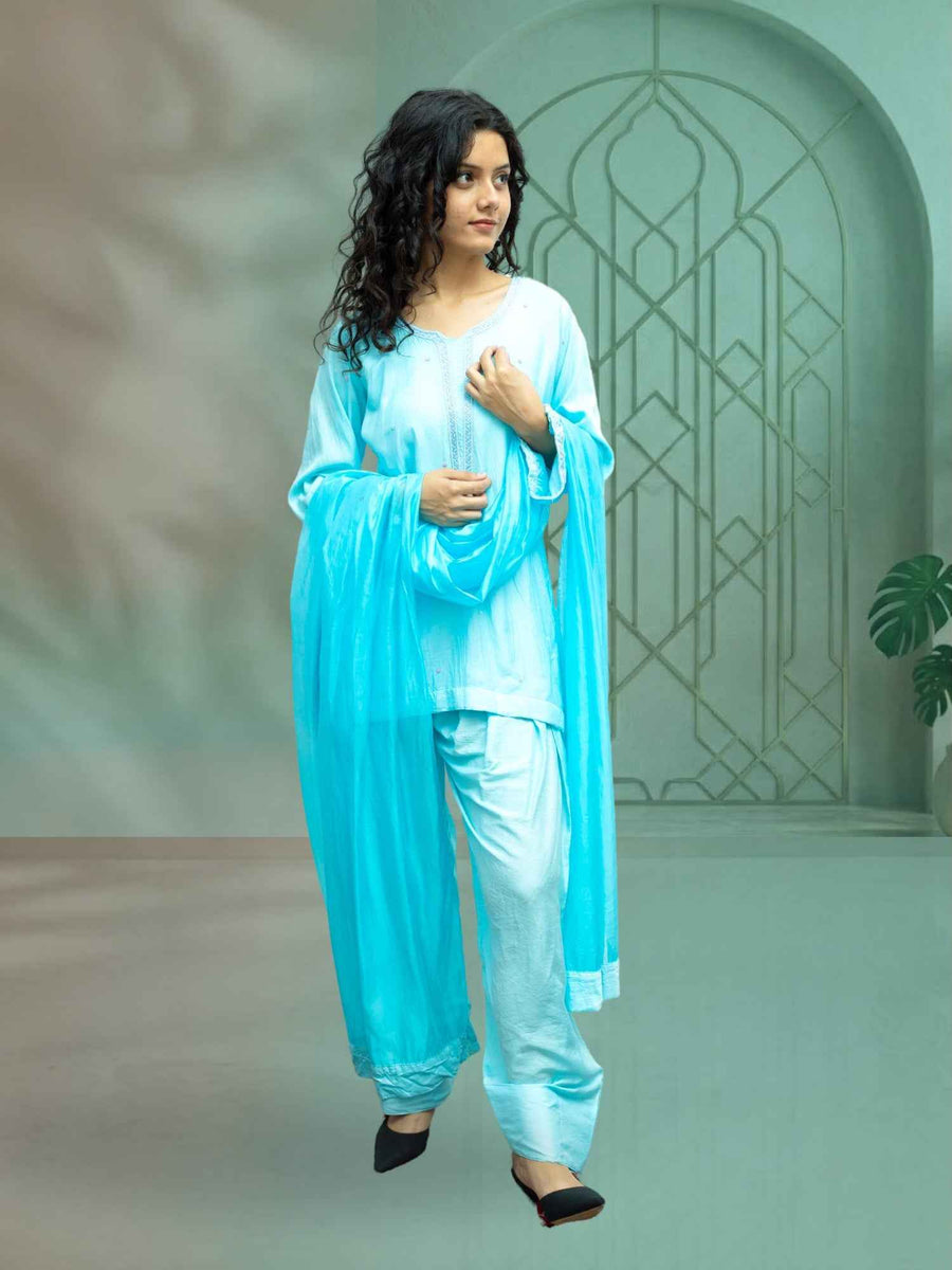 Luxury Firozi Muslin Zardozi Embroidered Farshi Pant Suit Set for Women