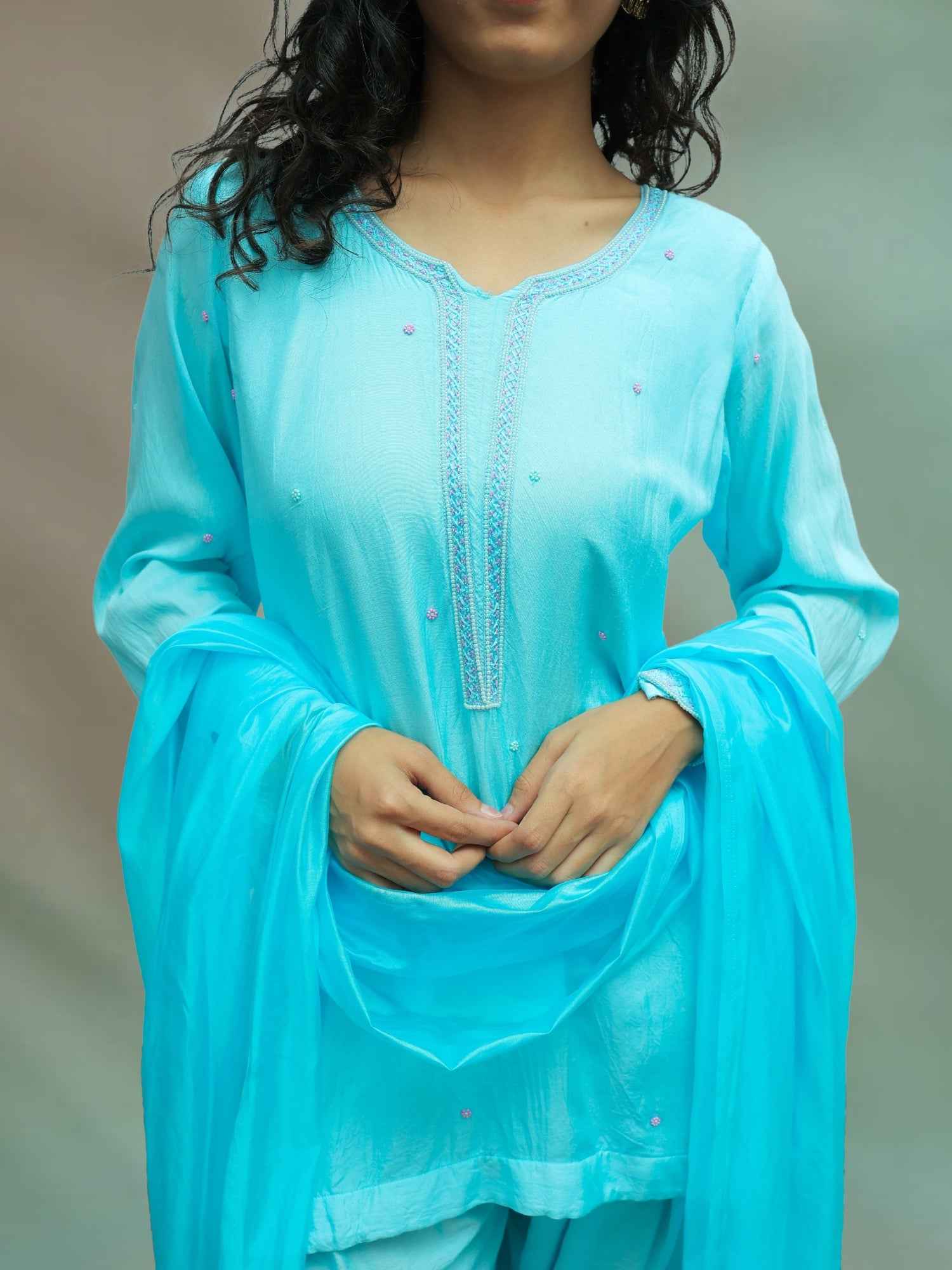 Luxury Firozi Muslin Zardozi Embroidered Farshi Pant Suit Set for Women