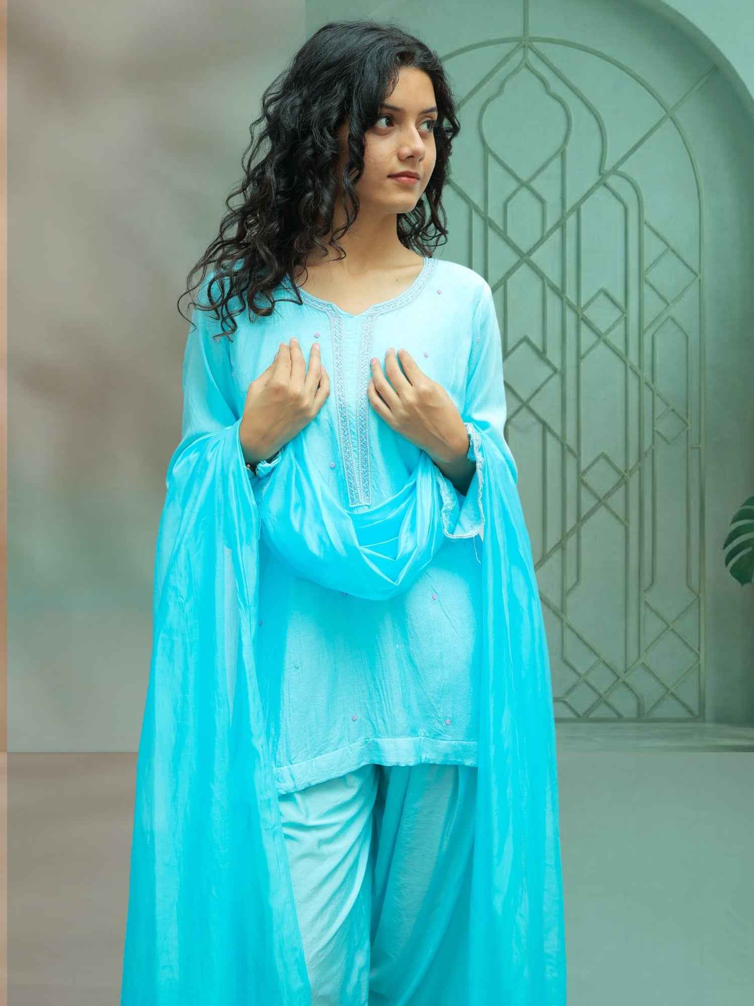 Luxury Firozi Muslin Zardozi Embroidered Farshi Pant Suit Set for Women