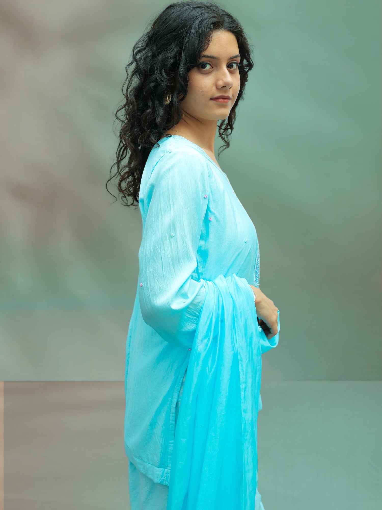 Luxury Firozi Muslin Zardozi Embroidered Farshi Pant Suit Set for Women