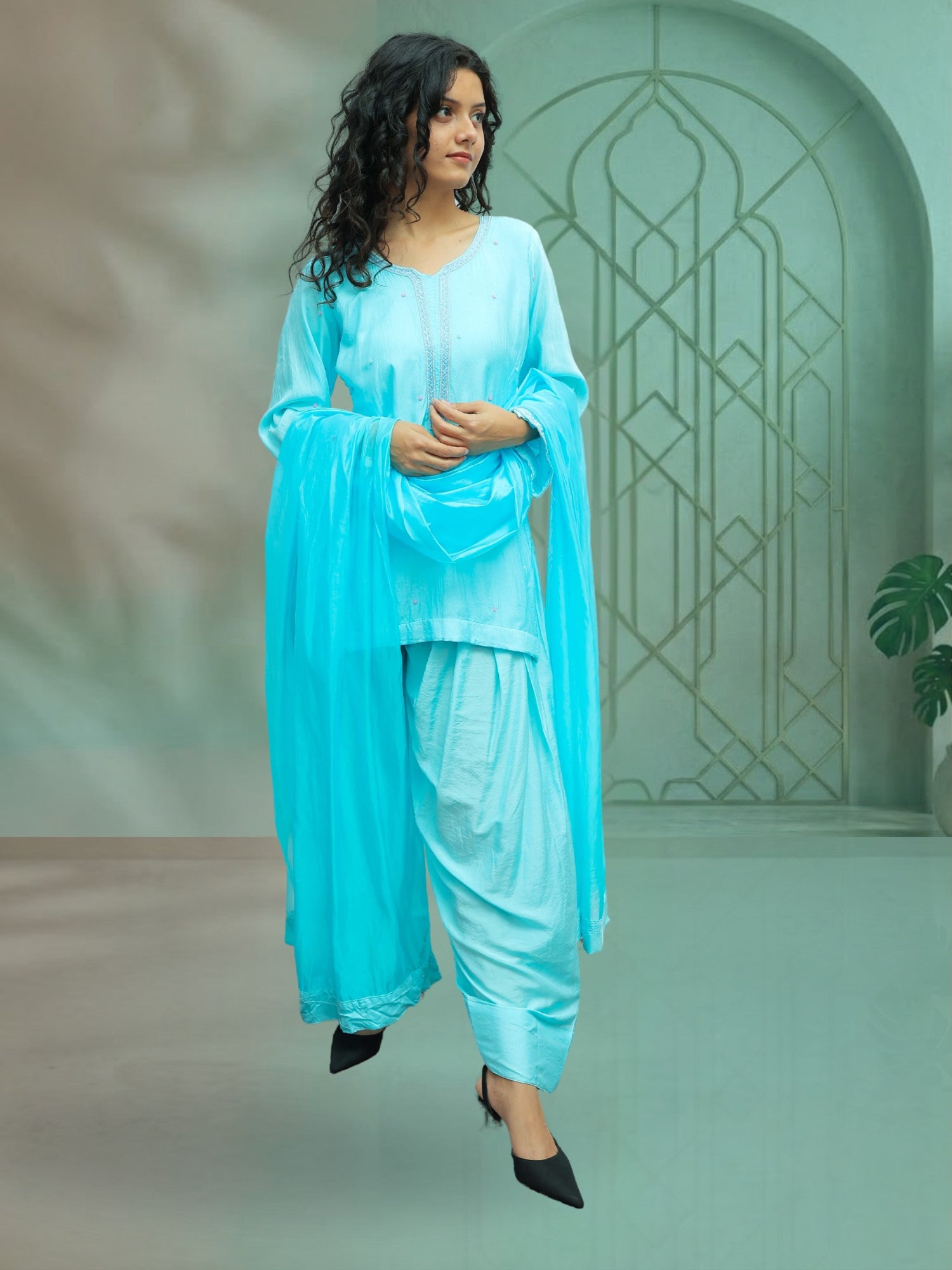Luxury Firozi Muslin Zardozi Embroidered Farshi Pant Suit Set for Women