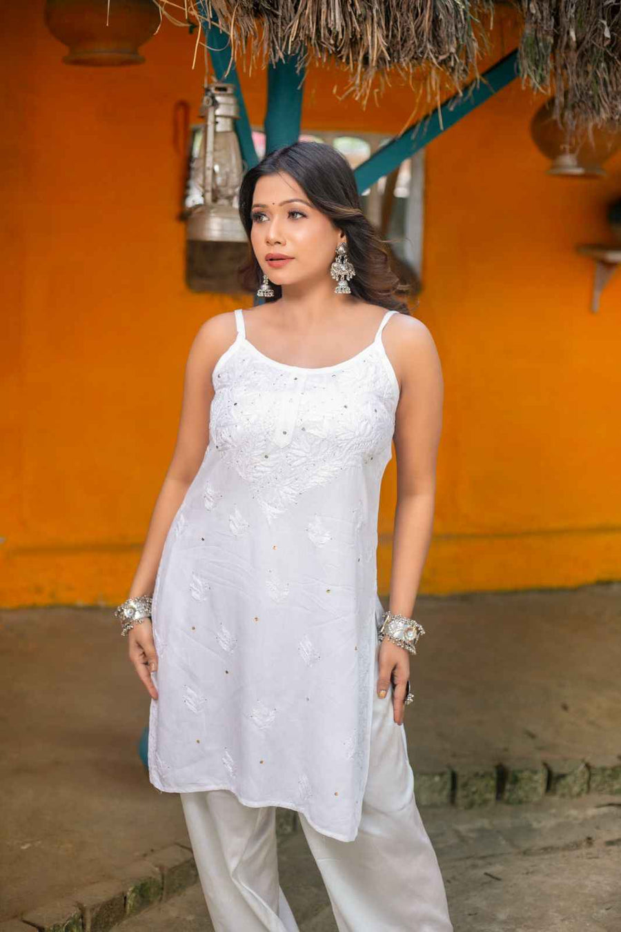 Sukun-Pure White Lucknowi Chikankari strap kurti with Farshi Pant
