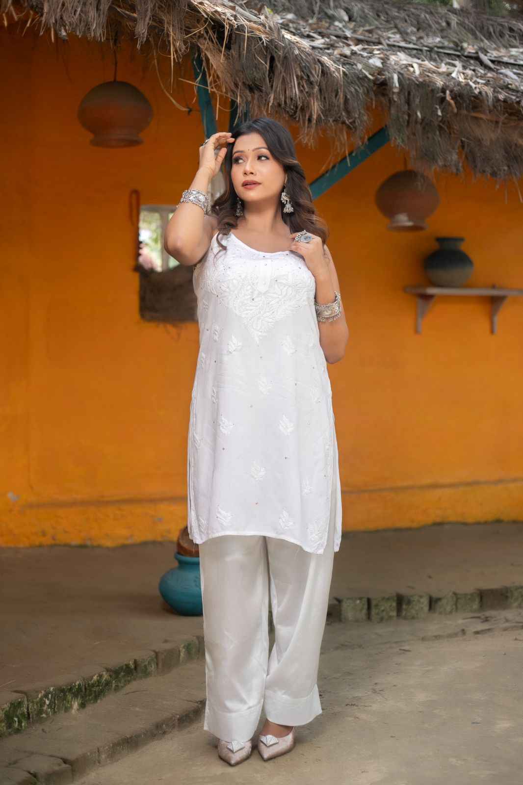 Moti Mala- Pure White Chikankari Sleeveless Set
