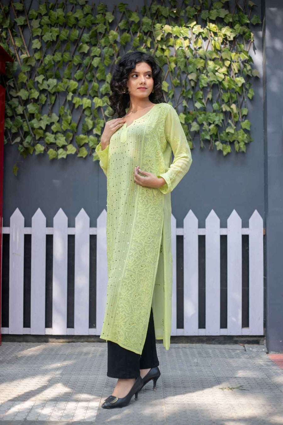Pari- Lime Green Straight kurti Lucknowi Chikankari with highlight of Mukesh Embroidery