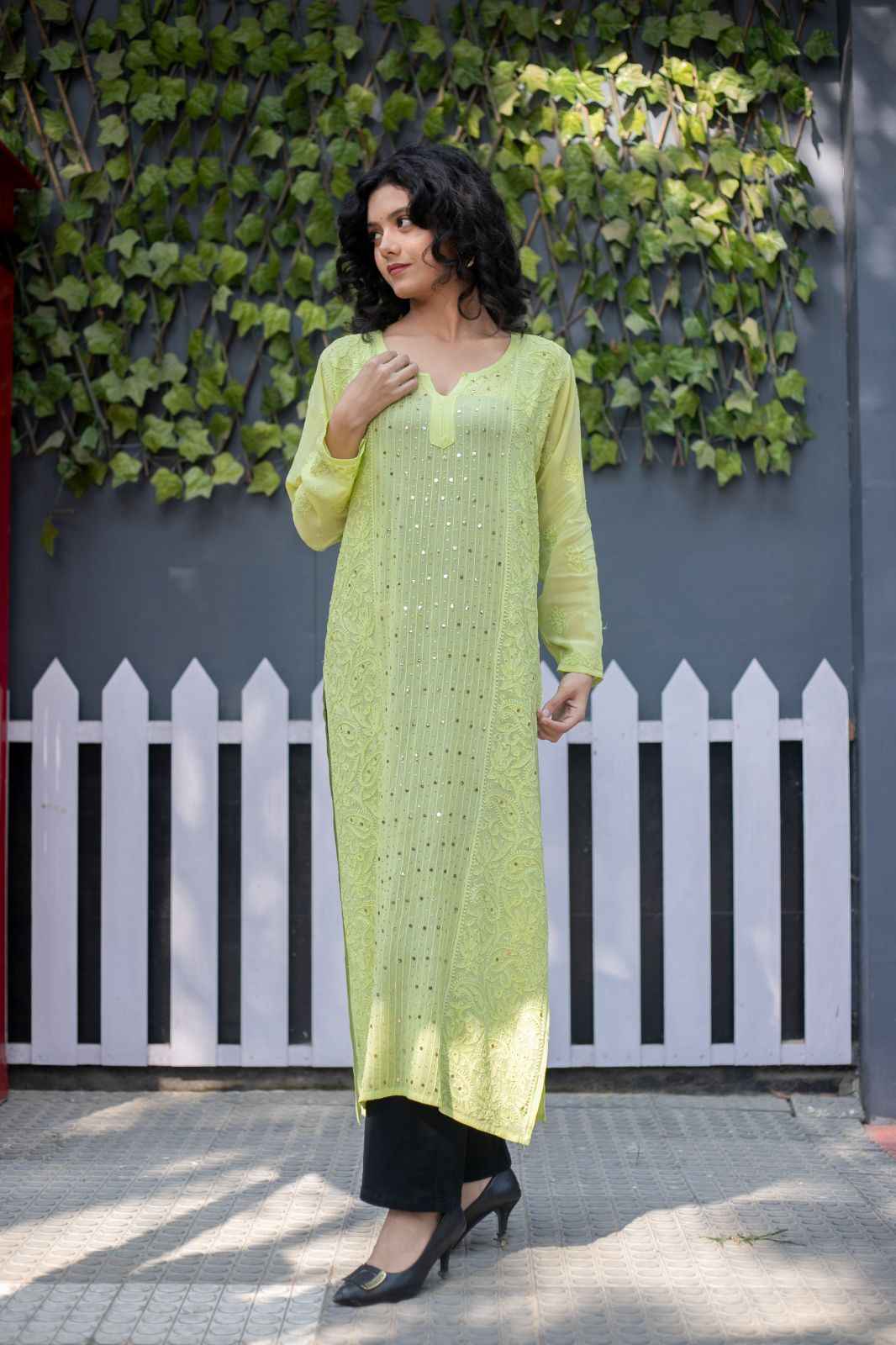 Pari- Lime Green kurti Handcrafted Chikankari with highlight of Mukesh Embroidery