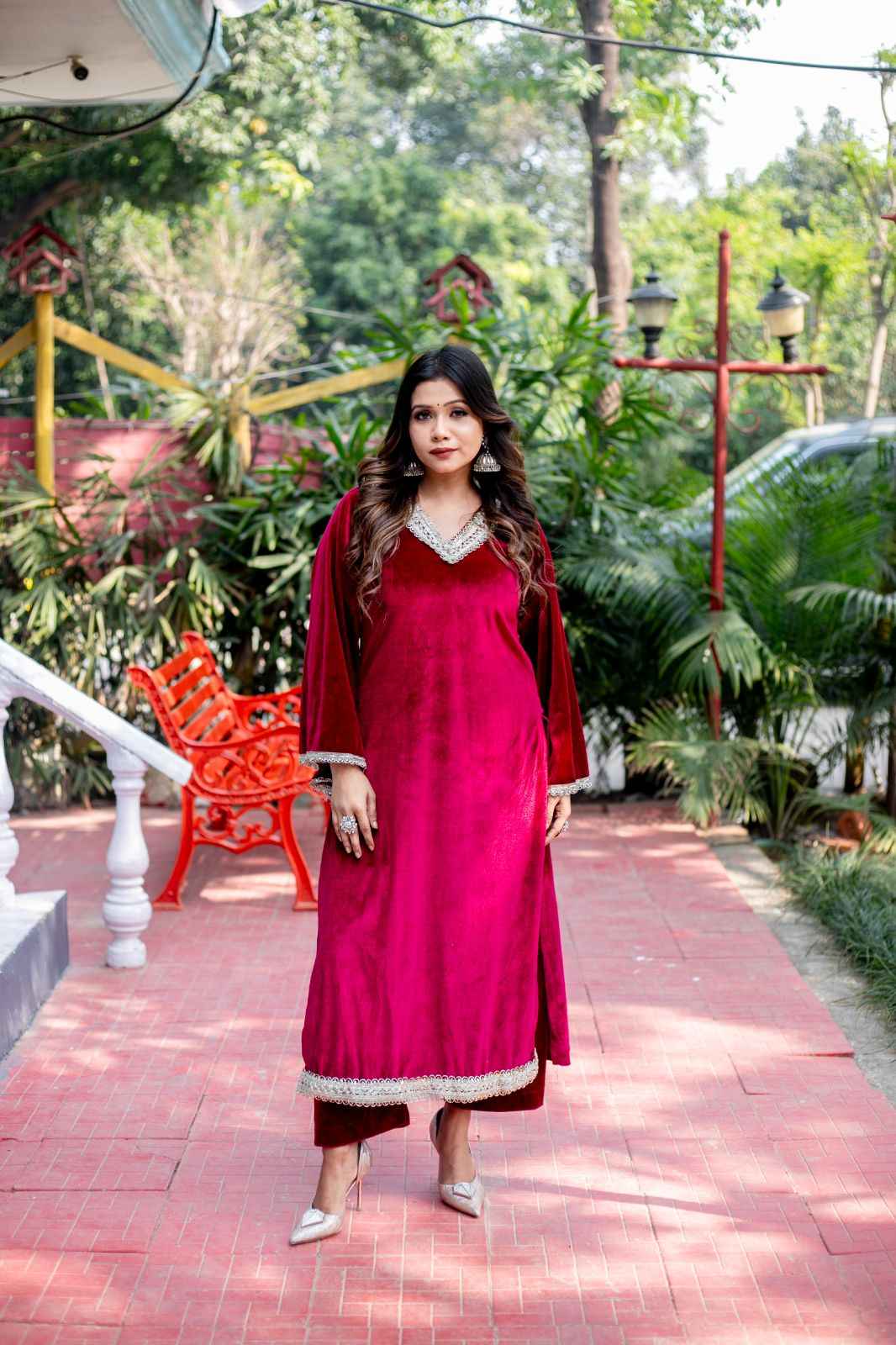 Gulnaar – Wine Velvet Kurta Set with Zari Lace Detailing