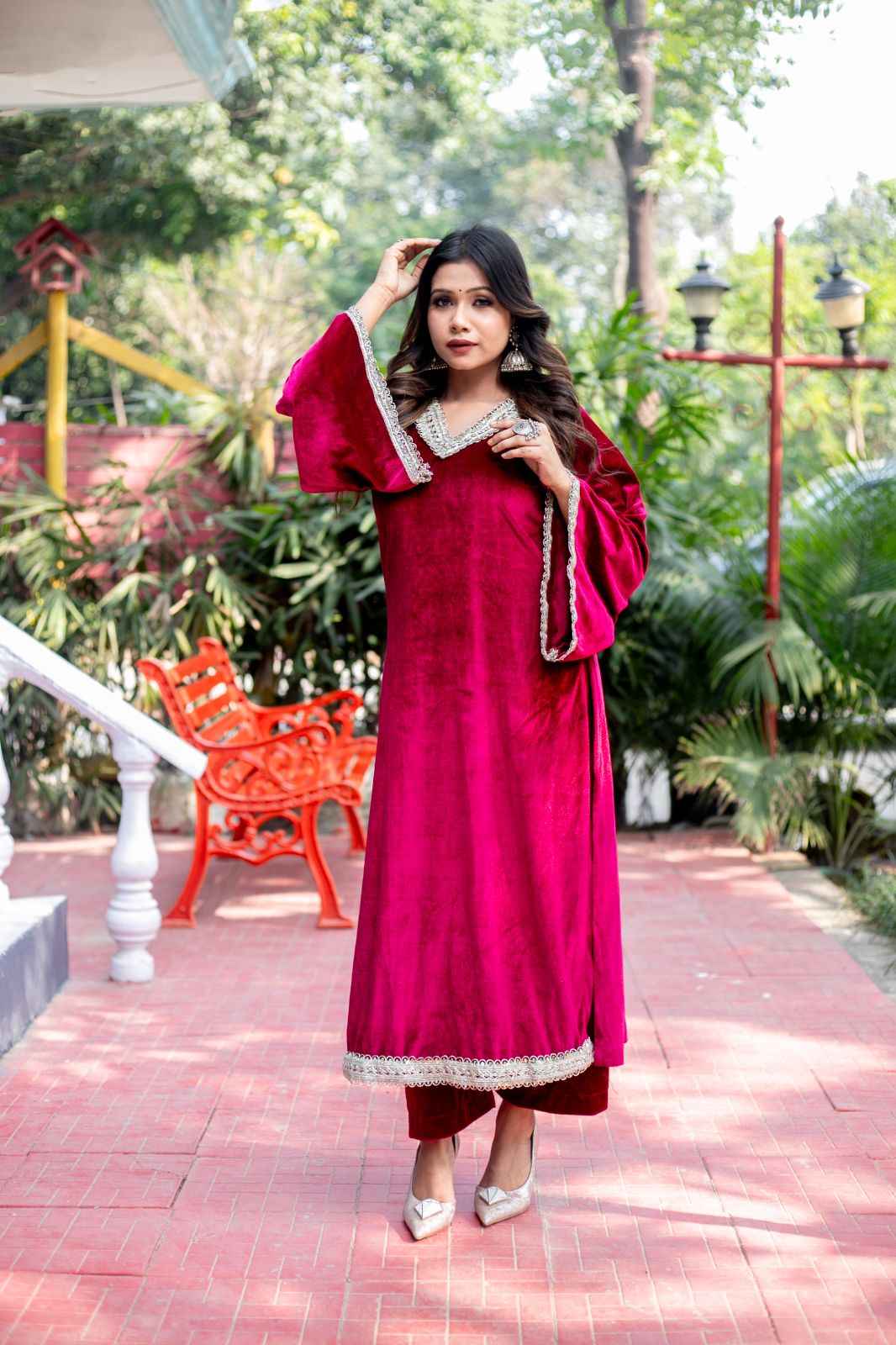 Gulnaar – Wine Velvet Kurta Set with Zari Lace Detailing
