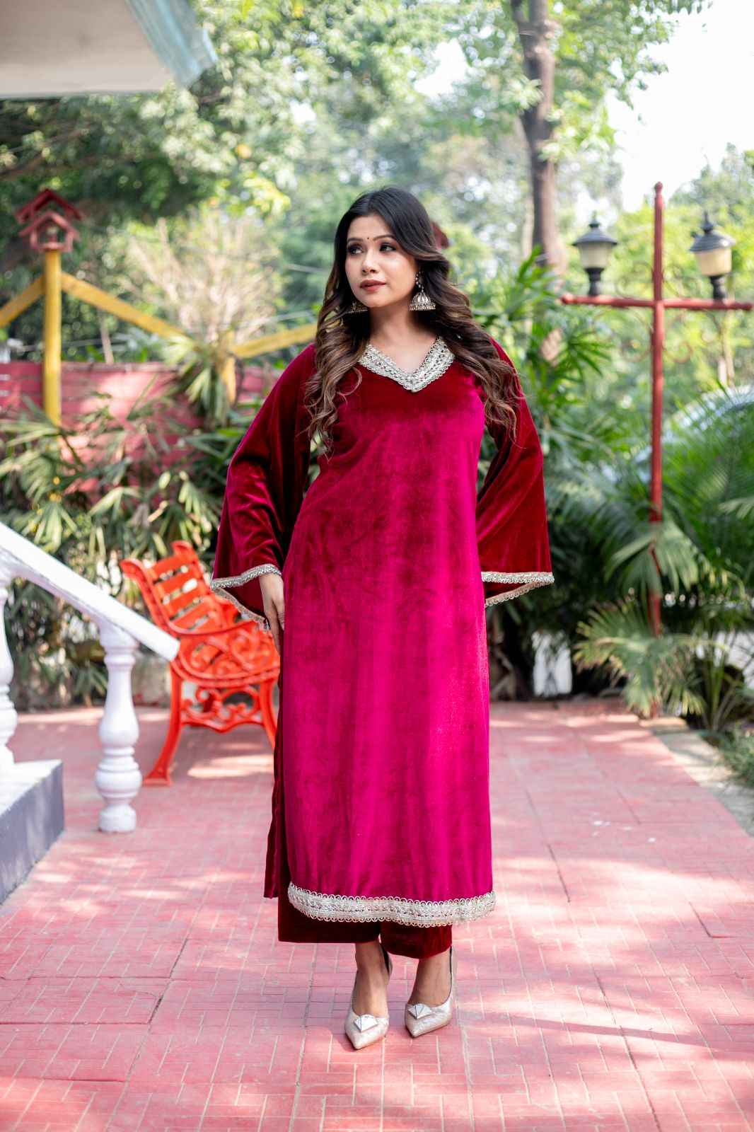 Gulnaar – Wine Velvet Kurta Set with Zari Lace Detailing