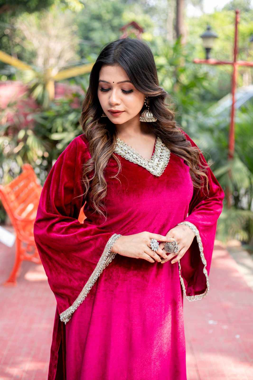 Gulnaar – Wine Velvet Kurta Set with Zari Lace Detailing