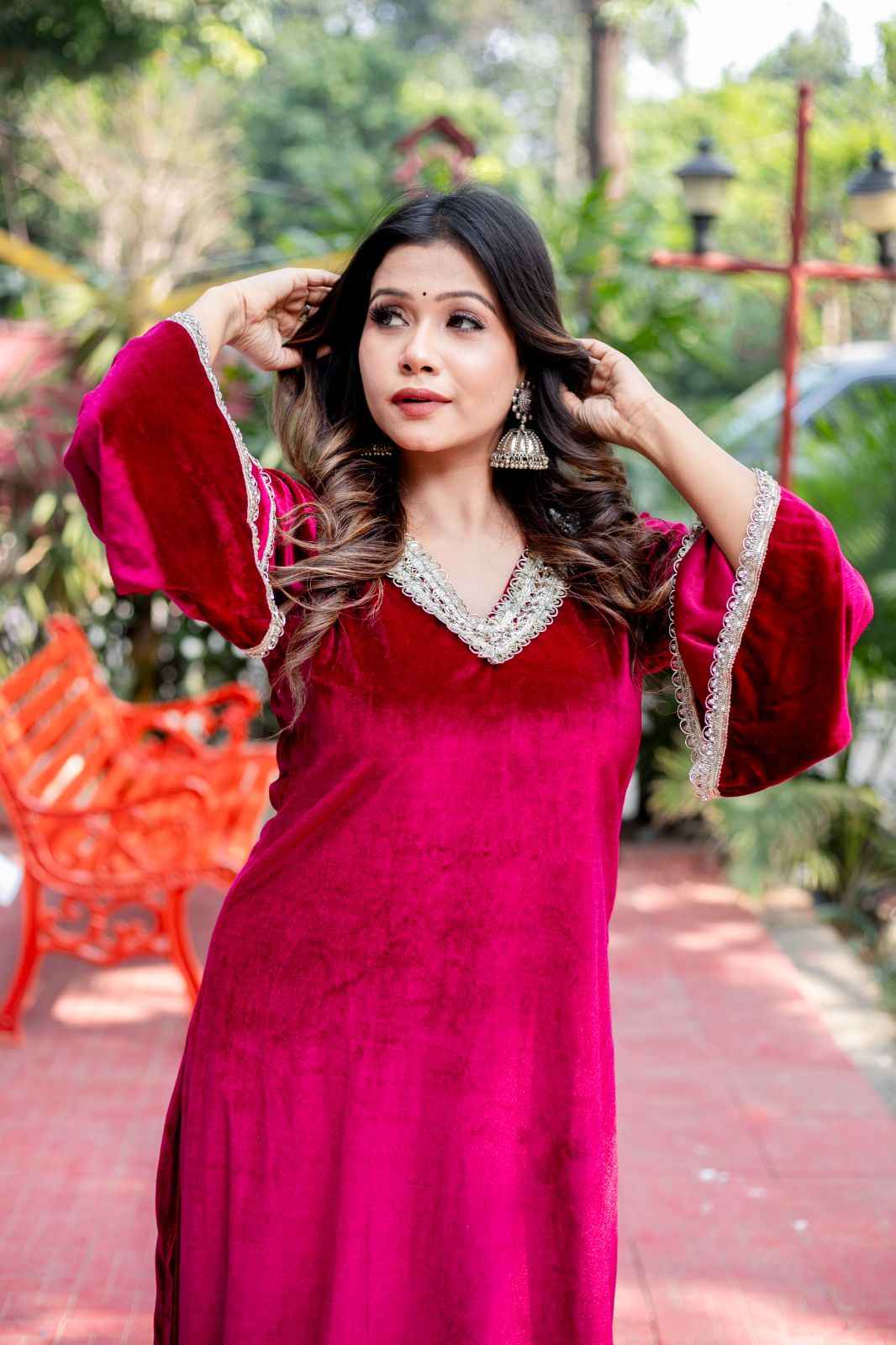 Gulnaar – Wine Velvet Kurta Set with Zari Lace Detailing