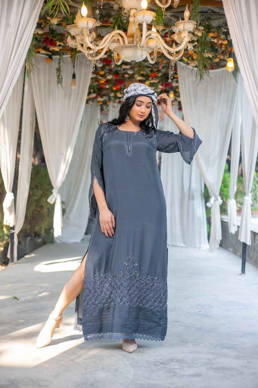 Noor-E-Faiza – Smokey Grey handcrafted Zardozi embroidery Kaftan Style Dress