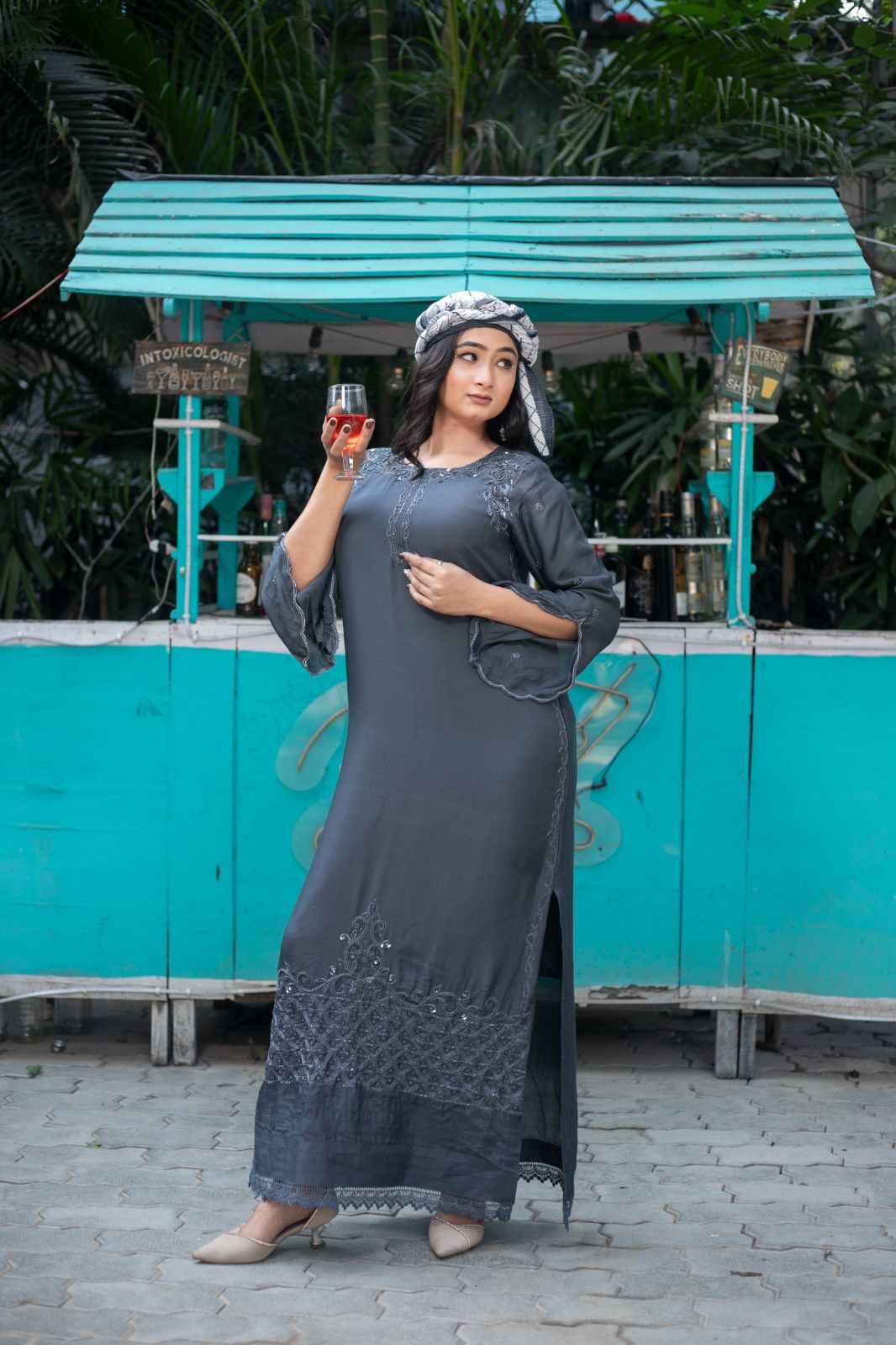 Noor-E-Faiza – Smokey Grey Zardozi Kaftan Dress