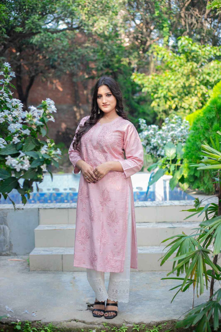 Gulabi Noor – Dusty Pink Lucknowi Chikankari Pure Chanderi Kurti with Sequin Embellishment