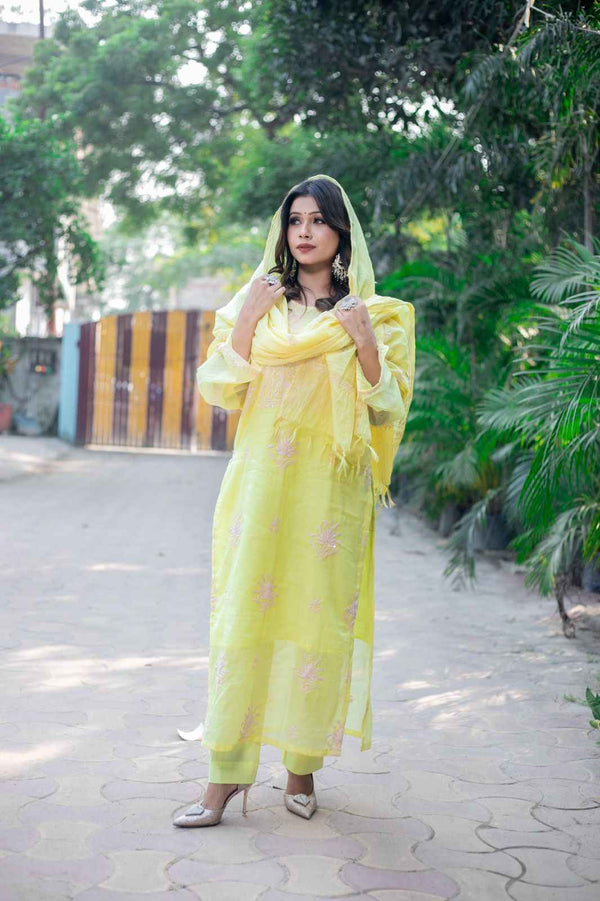 Amaltaas – Lemon Yellow Chikankari Kurta Set with Dupatta