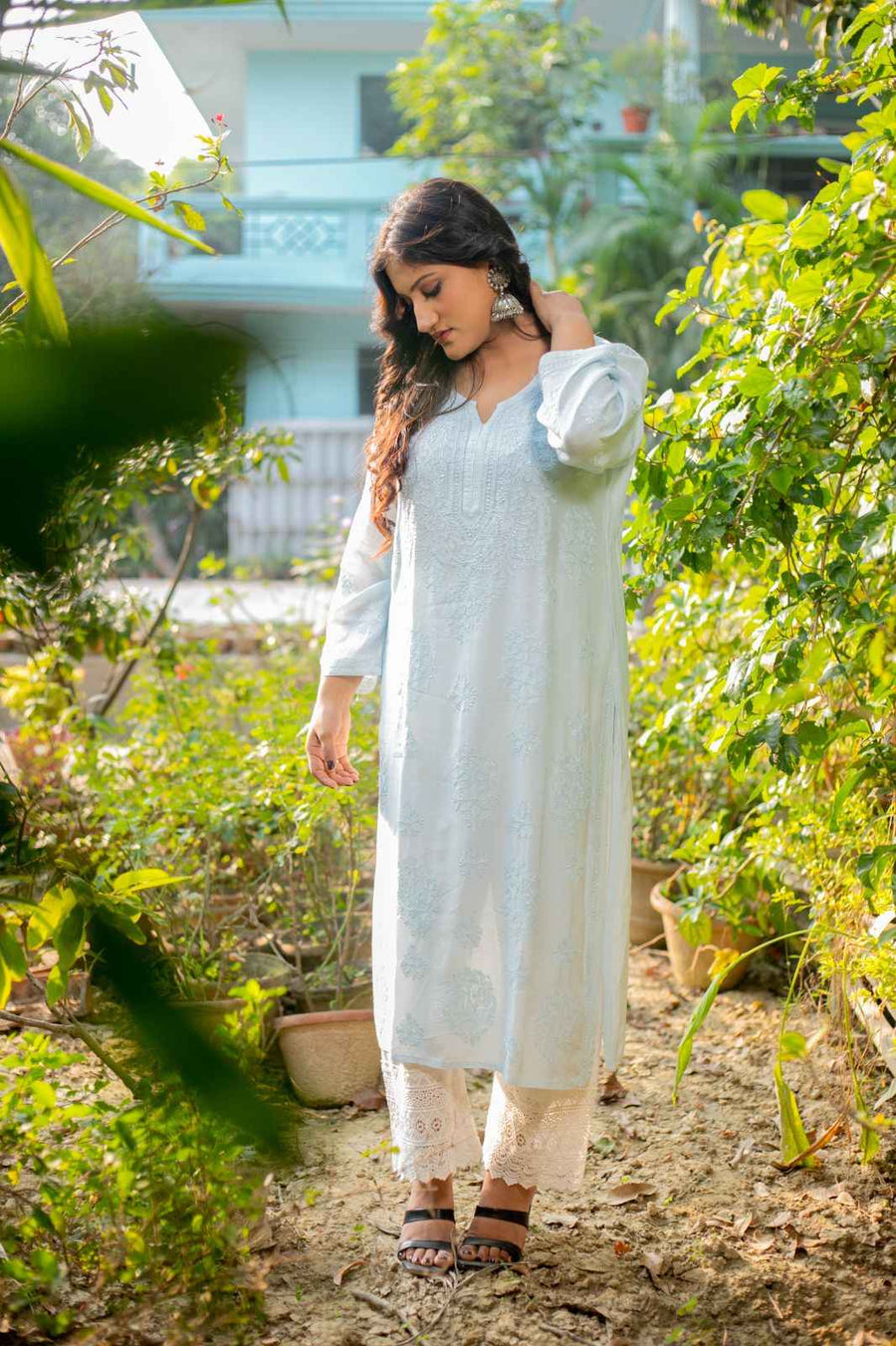 Fiza- sky Blue Pure Lucknowi chikankari straight kurti