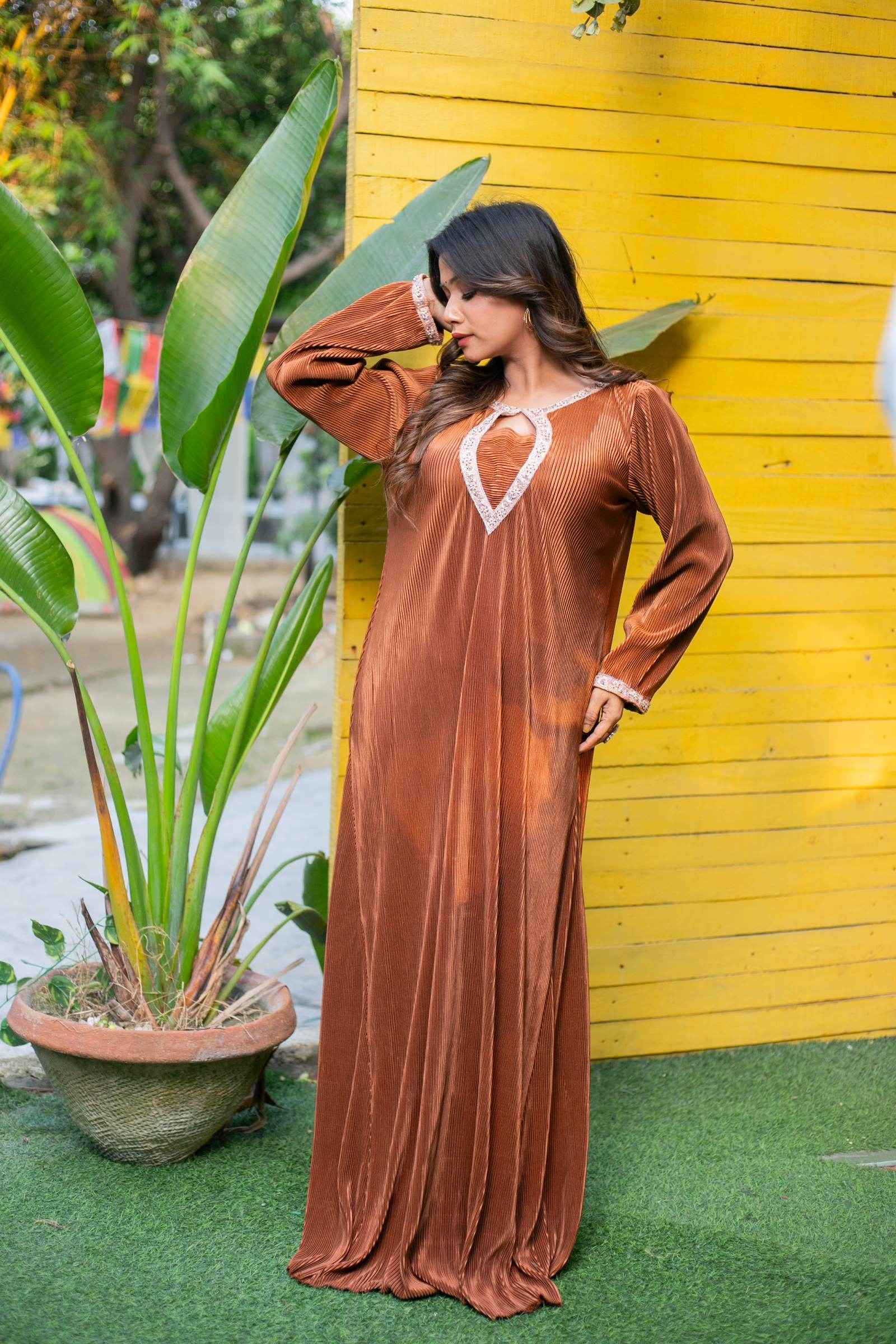 Zafran Aura – Copper Pleated Kaftan Dress