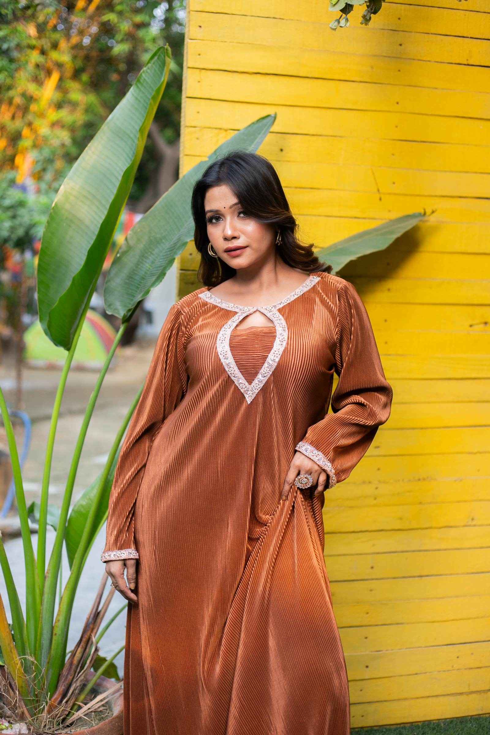 Zafran Aura – Copper Pleated Kaftan Dress