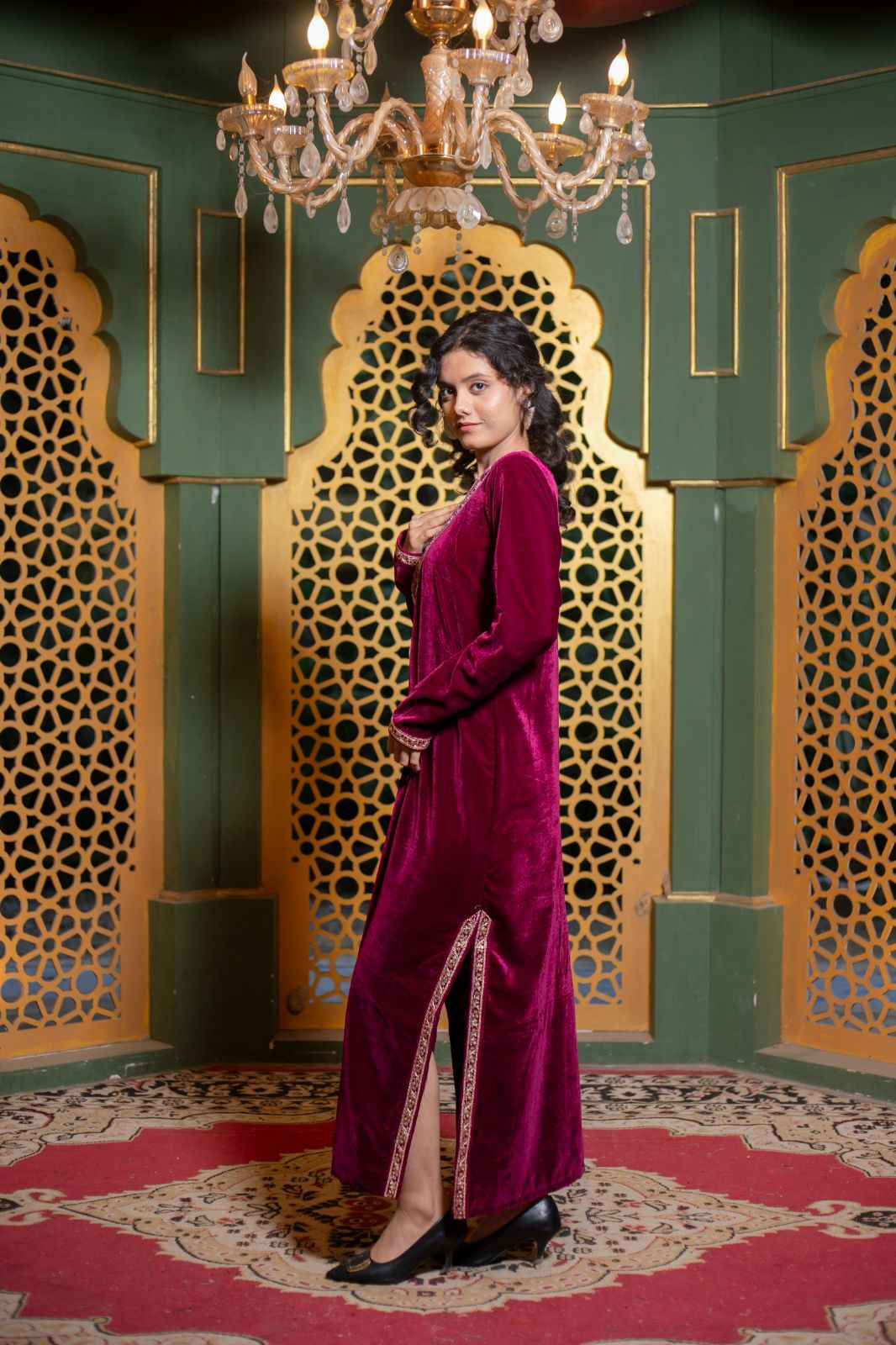 Mehrunisa – Maroon Velvet Kaftan Dress with Zari Lace Detailing