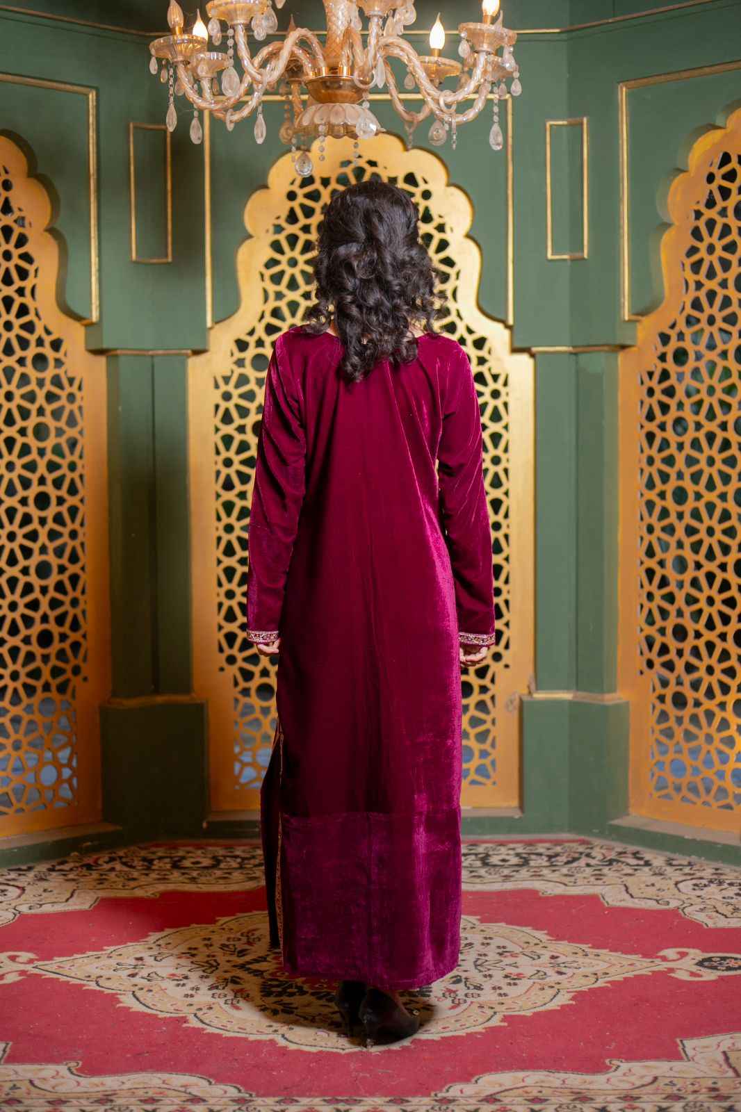 Mehrunisa – Maroon Velvet Kaftan Dress with Zari Lace Detailing
