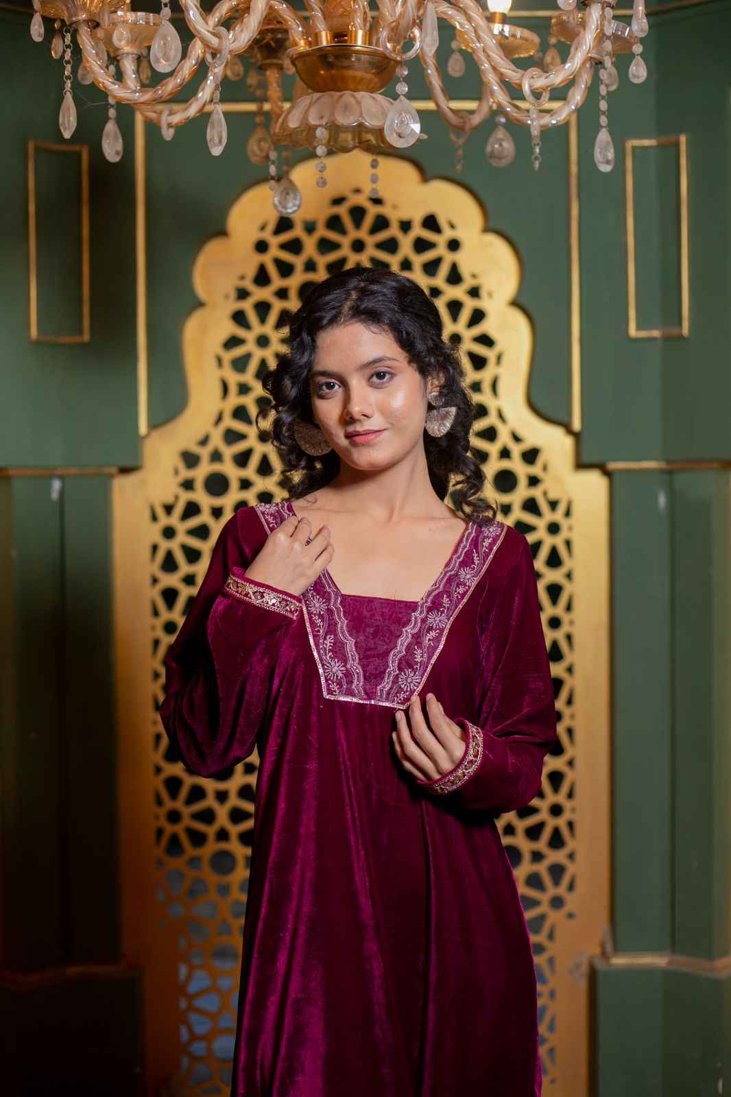 Mehrunisa – Maroon Velvet Kaftan Dress with Zari Lace Detailing