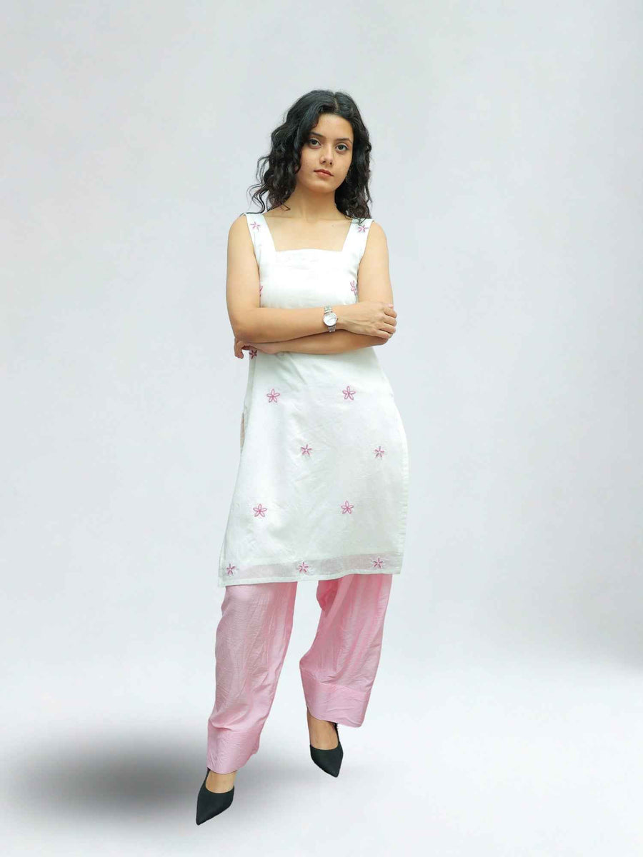 Luxury White Muslin Kurti with Handcrafted Zardozi Work for Women