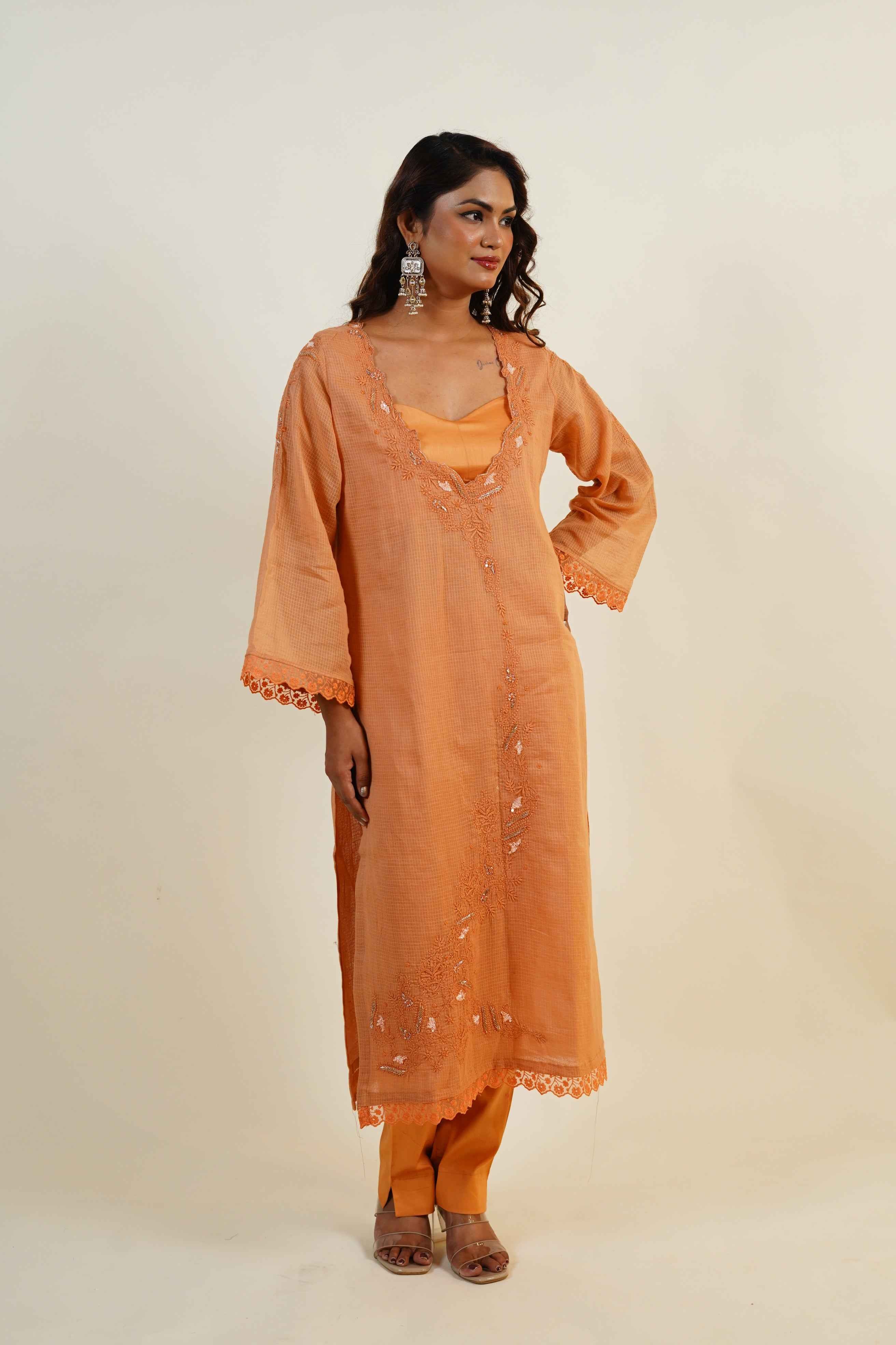 Kesari-Dusty Orange Hand-Embroidered chikankari & zardozi Kurta Set