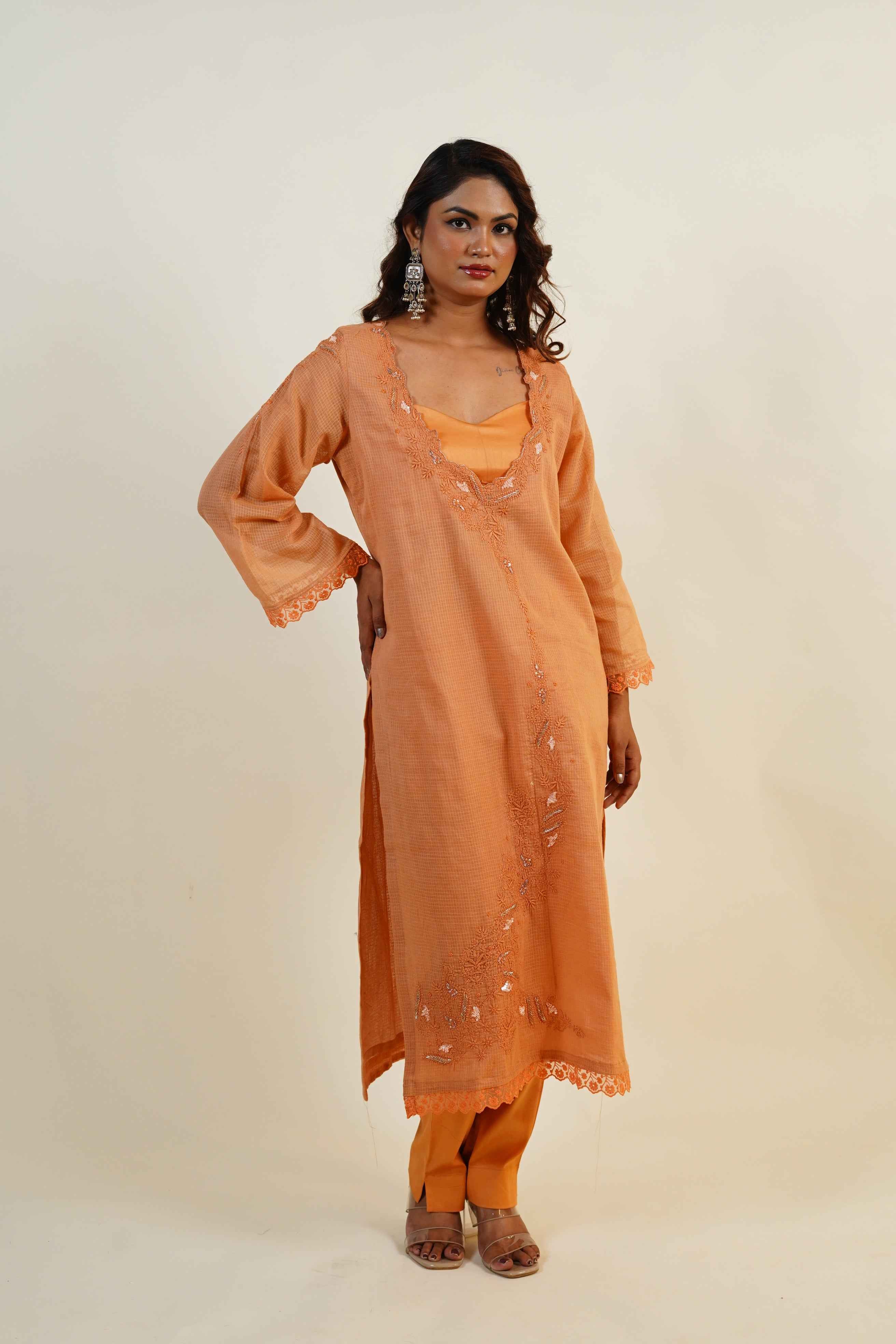 Kesari-Dusty Orange Hand-Embroidered chikankari & zardozi Kurta Set