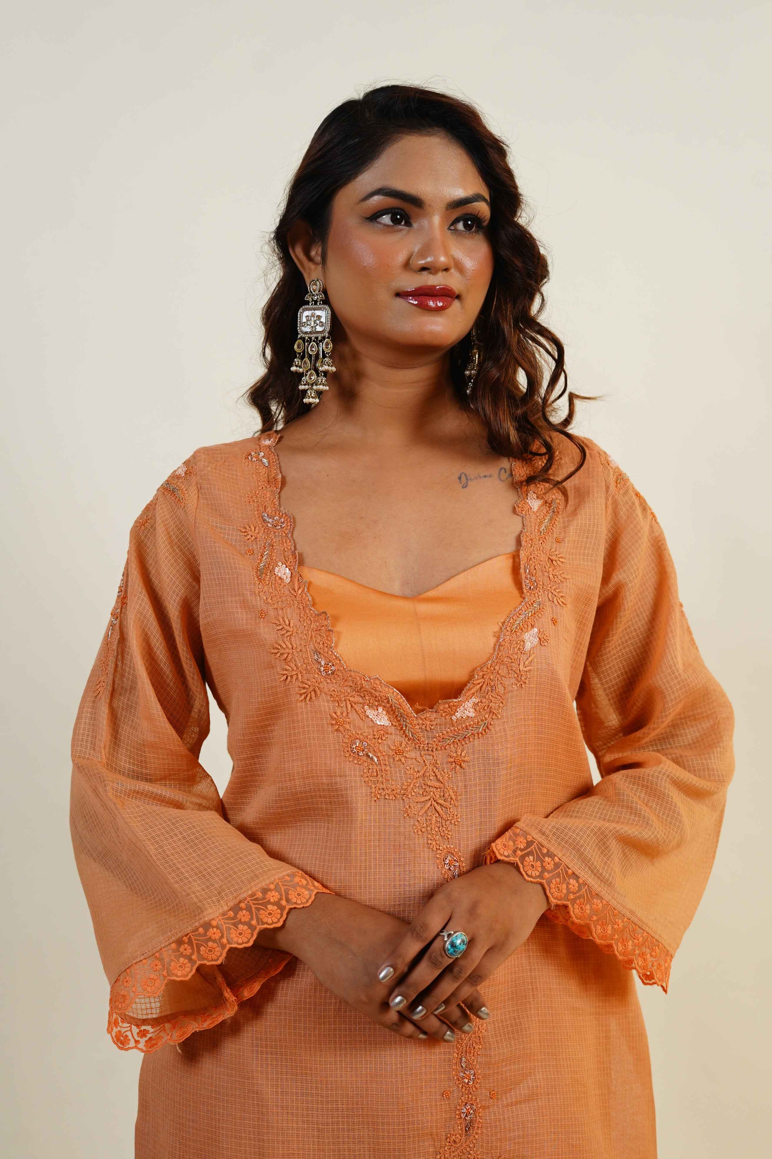Kesari-Dusty Orange Hand-Embroidered chikankari & zardozi Kurta Set