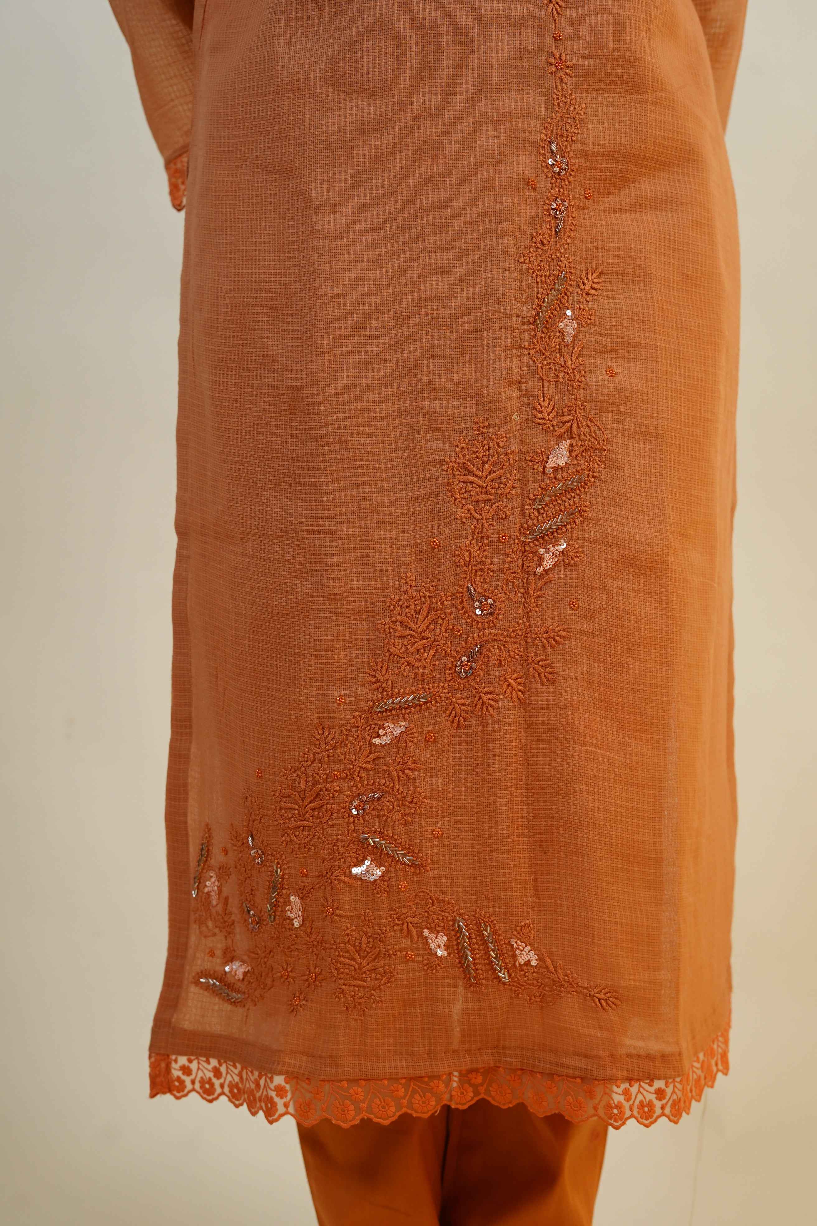 Kesari-Dusty Orange Hand-Embroidered chikankari & zardozi Kurta Set