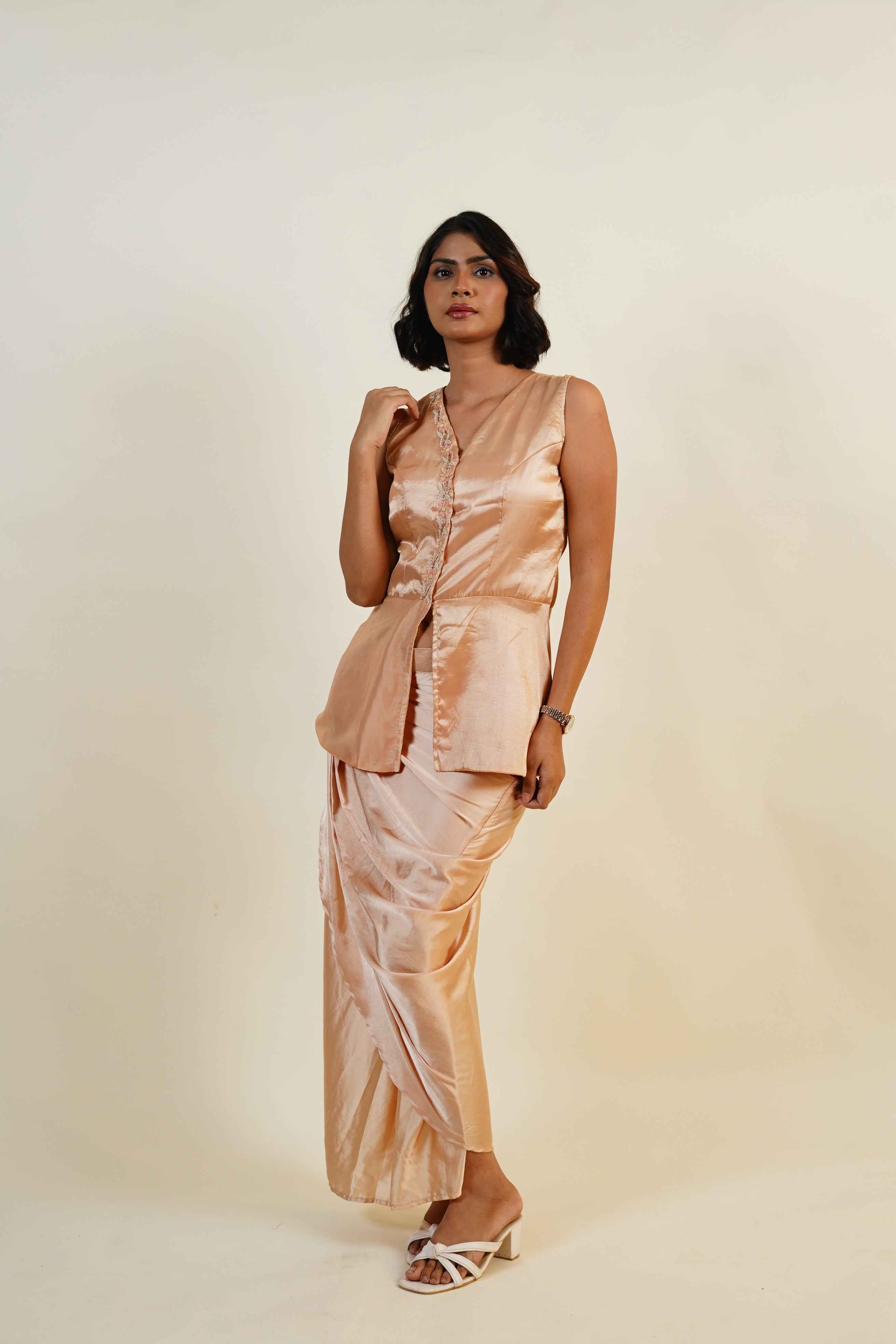 Sunheri-Copper Glaze Sleeveless Peplum and Dhoti Skirt Set handcrafted chikankari