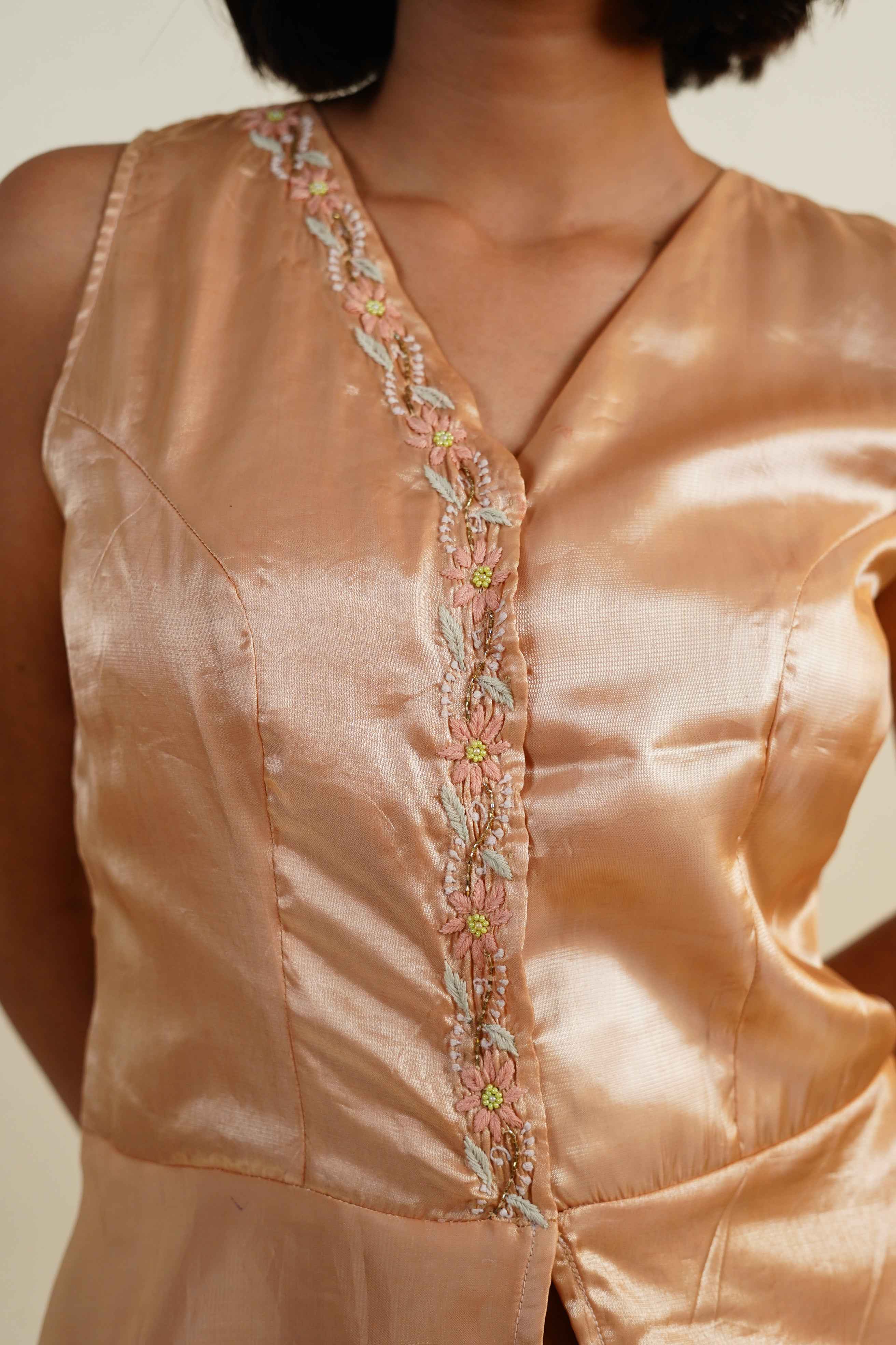 Sunheri-Copper Glaze Sleeveless Peplum and Dhoti Skirt Set handcrafted chikankari